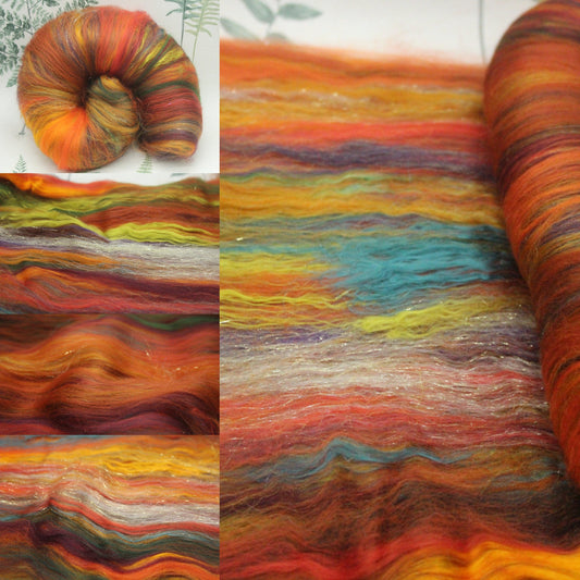 Merino Art Batt  - Orange Green - 119 grams 4.1 oz - Wool for felting, spinning and weaving