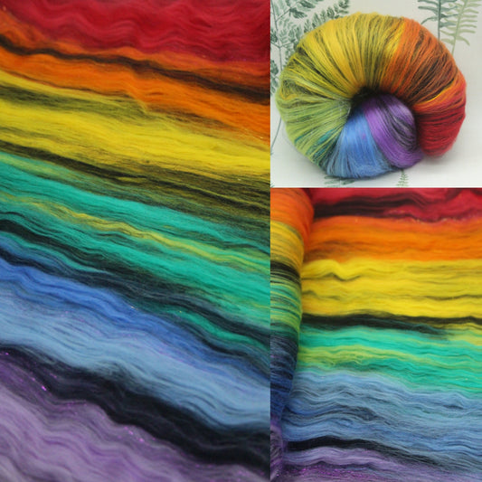 Merino Art Batt  - Rainbow Black - 128 grams 4.5 oz - Sideways Colour Change - Wool for felting, spinning and weaving