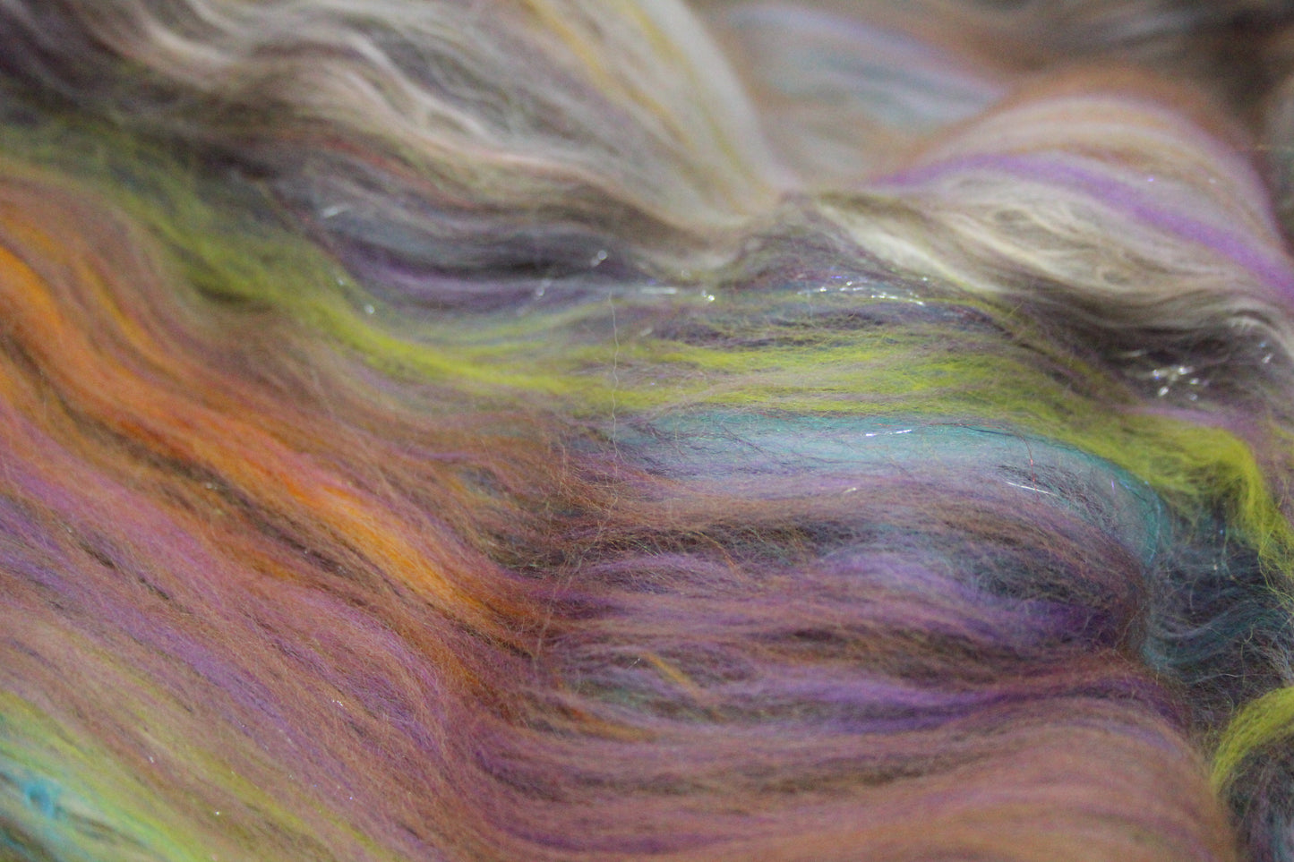 Merino Art Batt  - Green Purple Brown  -  56 grams 1.9 oz - 3 grams of locks - Wool for felting, spinning and weaving