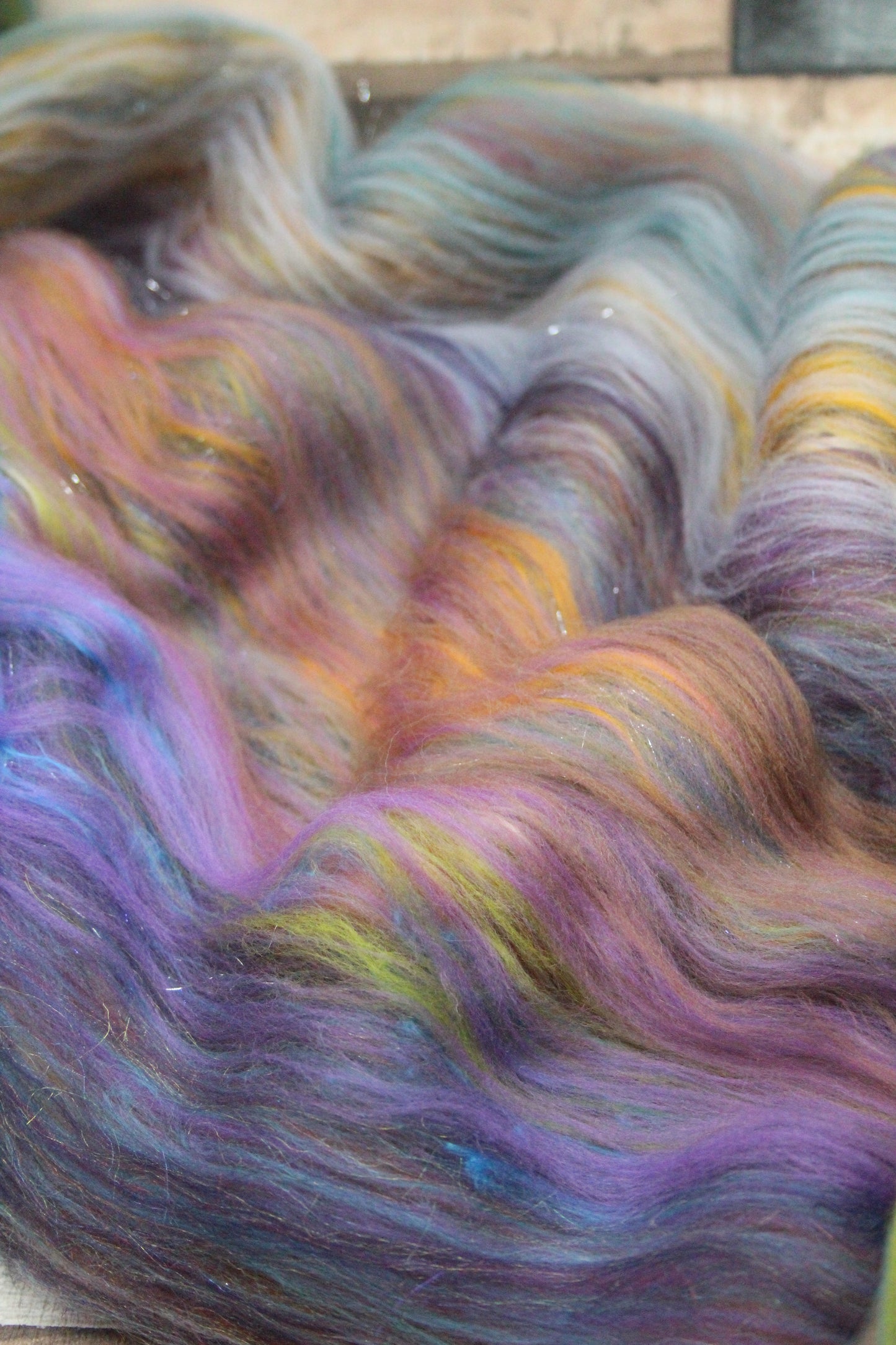Merino Art Batt  - Green Purple Brown  -  56 grams 1.9 oz - 3 grams of locks - Wool for felting, spinning and weaving