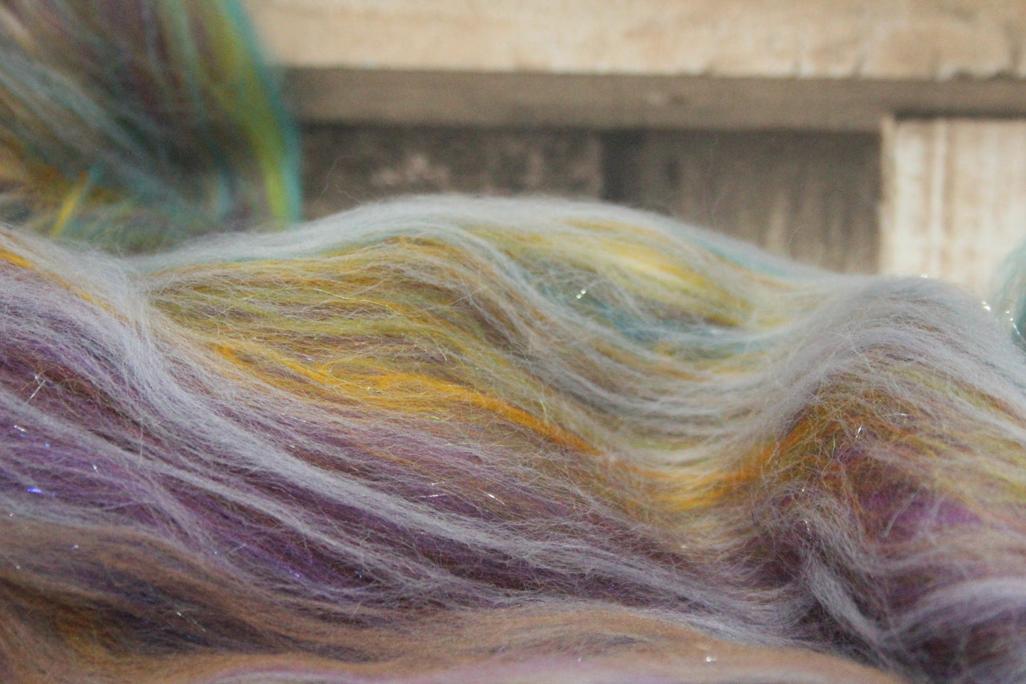 Merino Art Batt  - Green Purple Brown  -  56 grams 1.9 oz - 3 grams of locks - Wool for felting, spinning and weaving