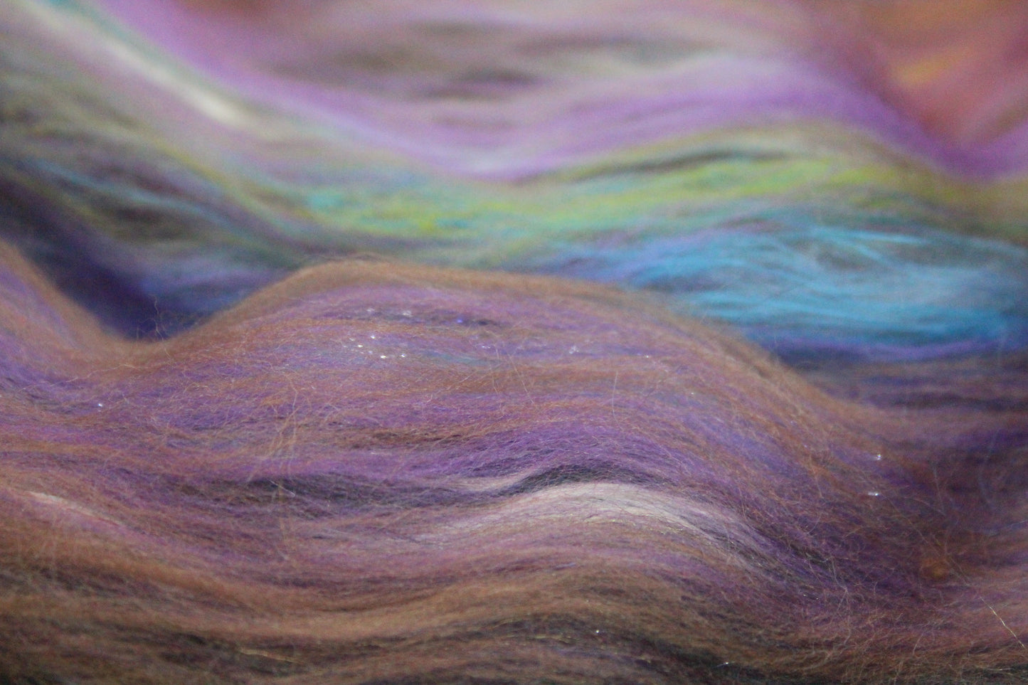 Merino Art Batt  - Green Purple Brown  -  56 grams 1.9 oz - 3 grams of locks - Wool for felting, spinning and weaving