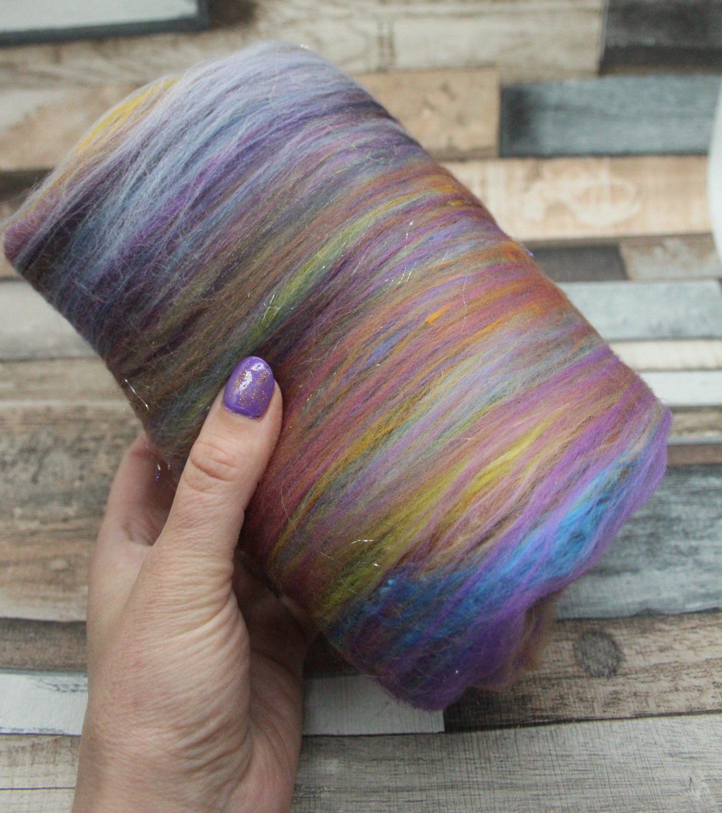 Merino Art Batt  - Green Purple Brown  -  56 grams 1.9 oz - 3 grams of locks - Wool for felting, spinning and weaving