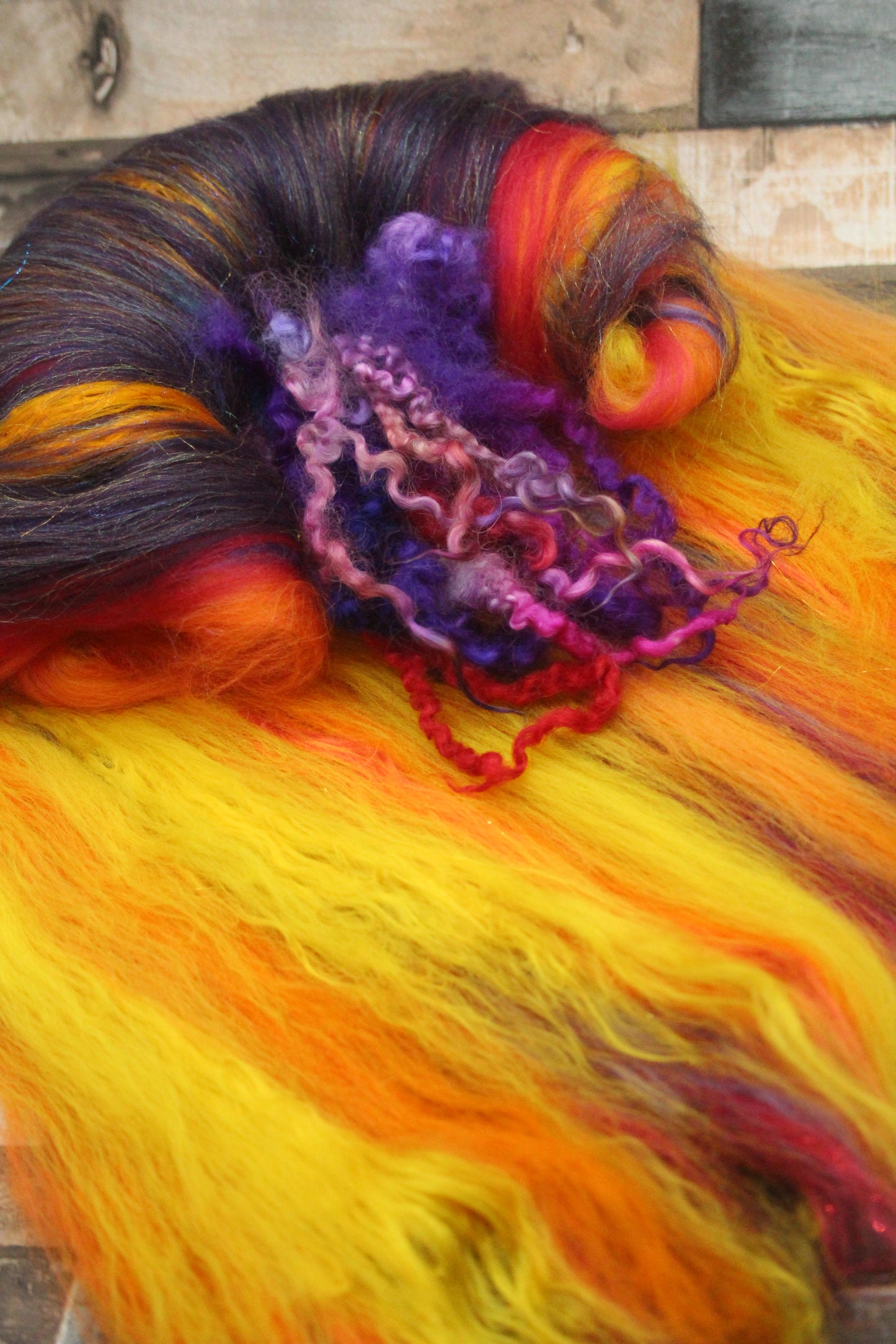 Merino Art Batt  - Purple Red Orange Yellow  -  76 grams 2.6 oz - 5 grams of locks - Wool for felting, spinning and weaving