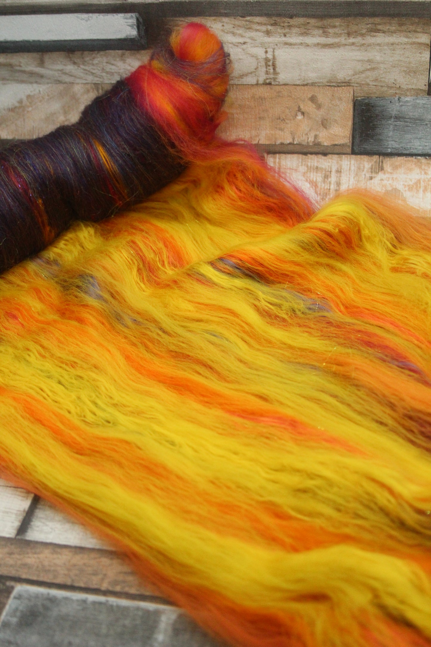 Merino Art Batt  - Purple Red Orange Yellow  -  76 grams 2.6 oz - 5 grams of locks - Wool for felting, spinning and weaving