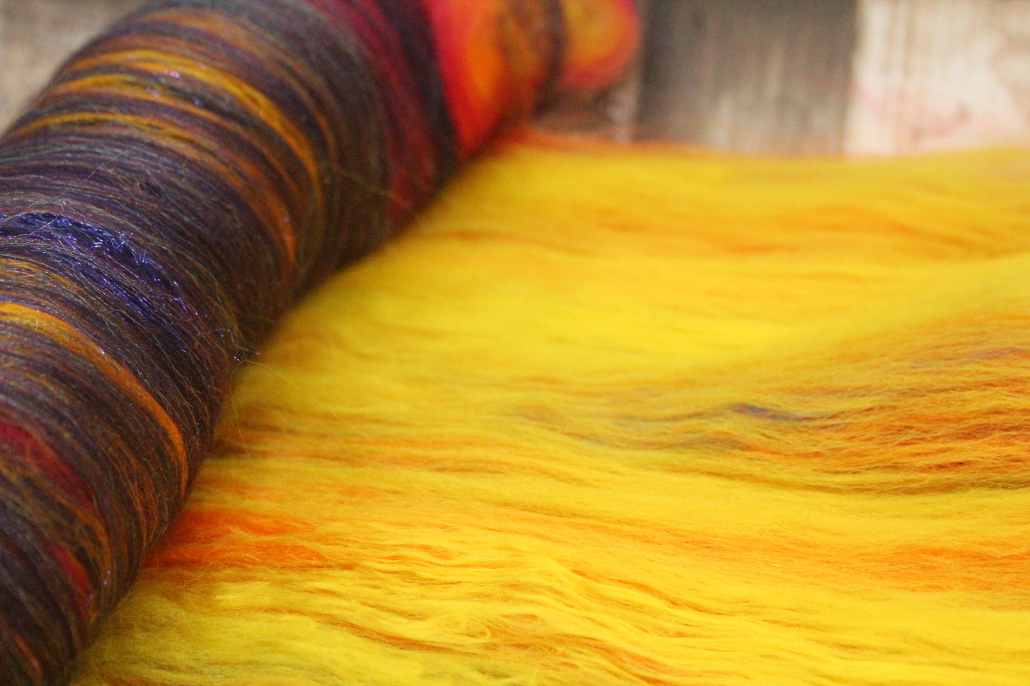 Merino Art Batt  - Purple Red Orange Yellow  -  76 grams 2.6 oz - 5 grams of locks - Wool for felting, spinning and weaving