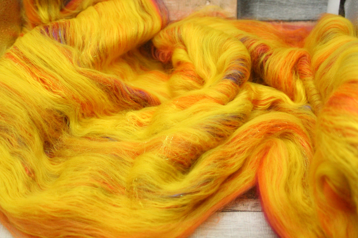 Merino Art Batt  - Purple Red Orange Yellow  -  76 grams 2.6 oz - 5 grams of locks - Wool for felting, spinning and weaving