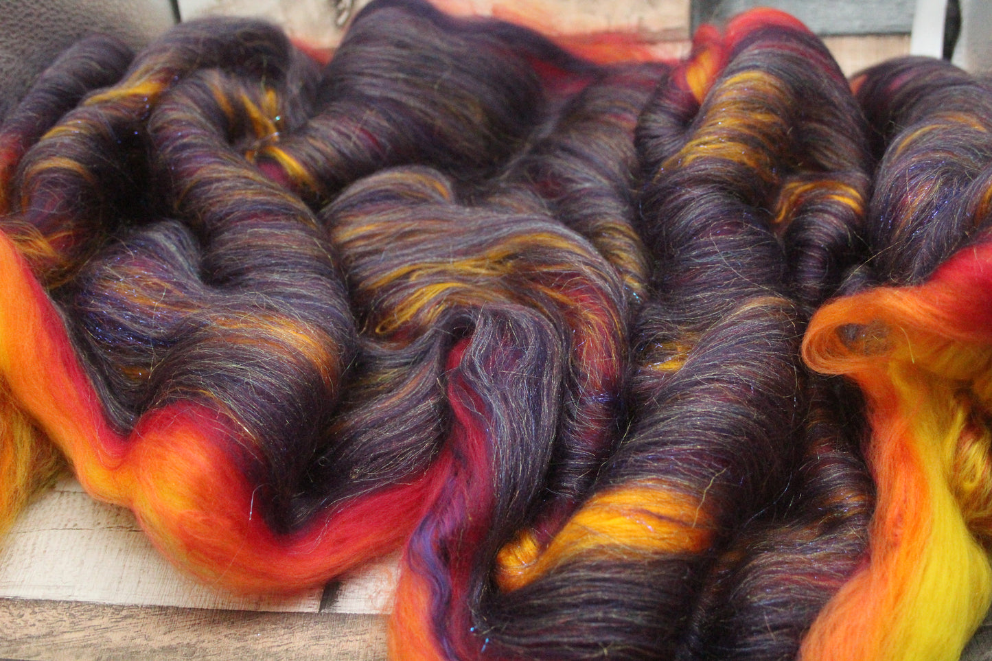 Merino Art Batt  - Purple Red Orange Yellow  -  76 grams 2.6 oz - 5 grams of locks - Wool for felting, spinning and weaving