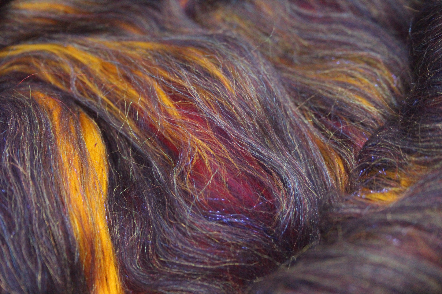Merino Art Batt  - Purple Red Orange Yellow  -  76 grams 2.6 oz - 5 grams of locks - Wool for felting, spinning and weaving
