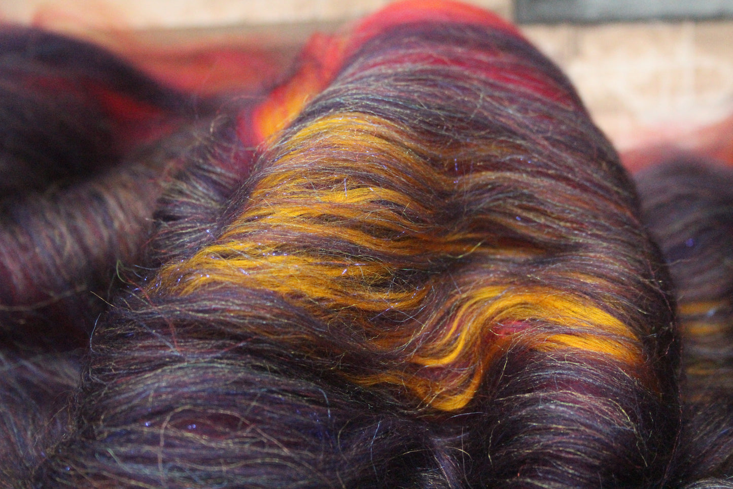 Merino Art Batt  - Purple Red Orange Yellow  -  76 grams 2.6 oz - 5 grams of locks - Wool for felting, spinning and weaving