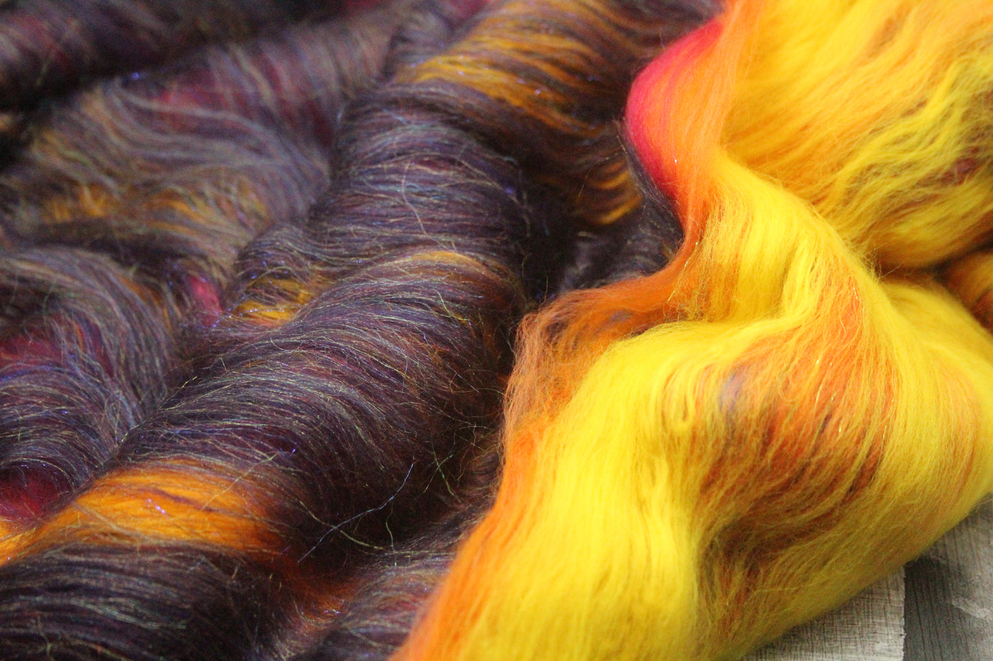 Merino Art Batt  - Purple Red Orange Yellow  -  76 grams 2.6 oz - 5 grams of locks - Wool for felting, spinning and weaving