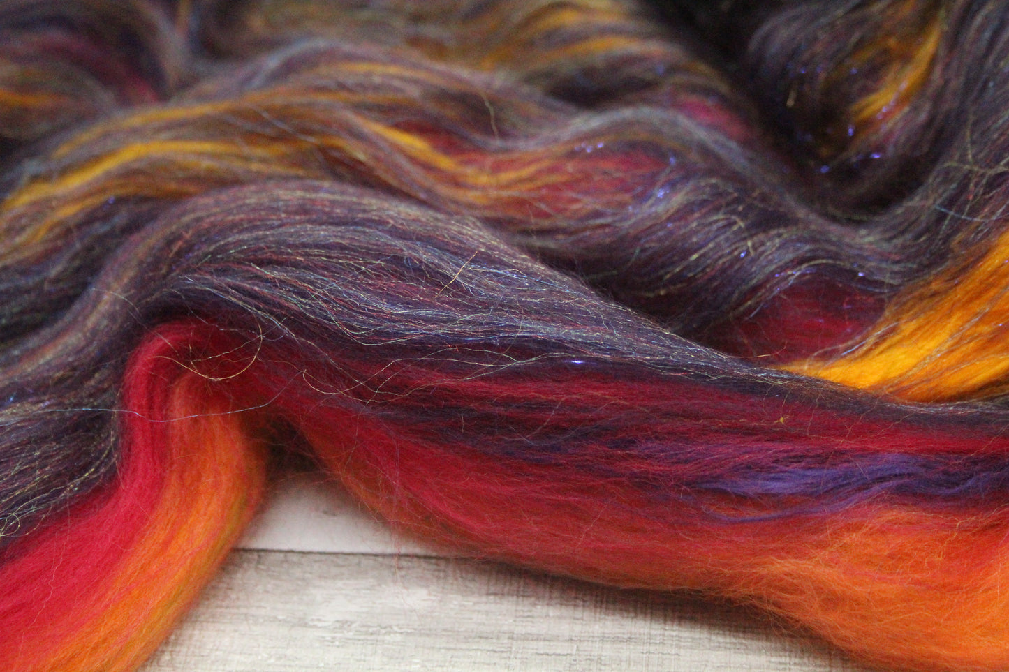 Merino Art Batt  - Purple Red Orange Yellow  -  76 grams 2.6 oz - 5 grams of locks - Wool for felting, spinning and weaving