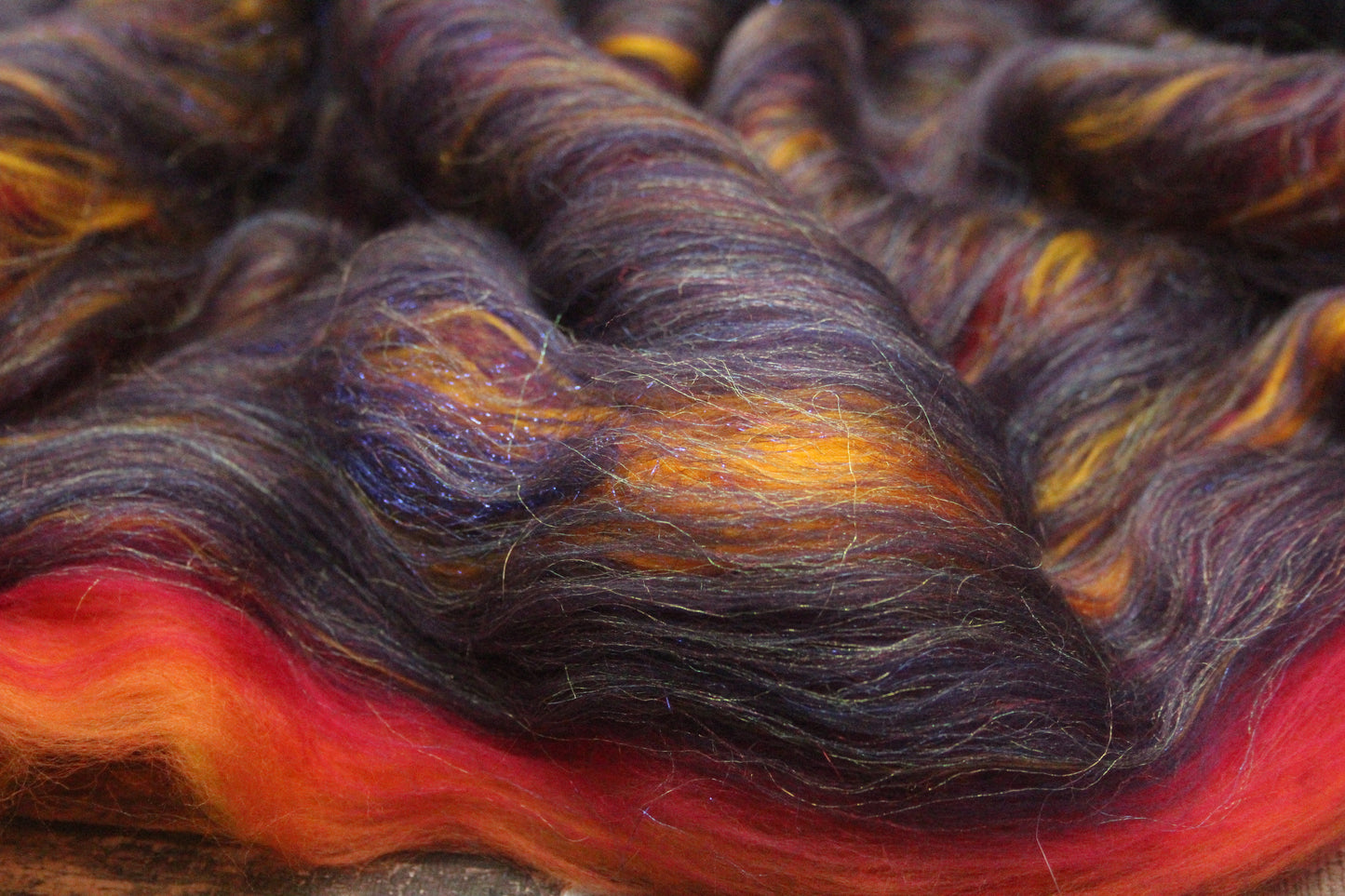 Merino Art Batt  - Purple Red Orange Yellow  -  76 grams 2.6 oz - 5 grams of locks - Wool for felting, spinning and weaving