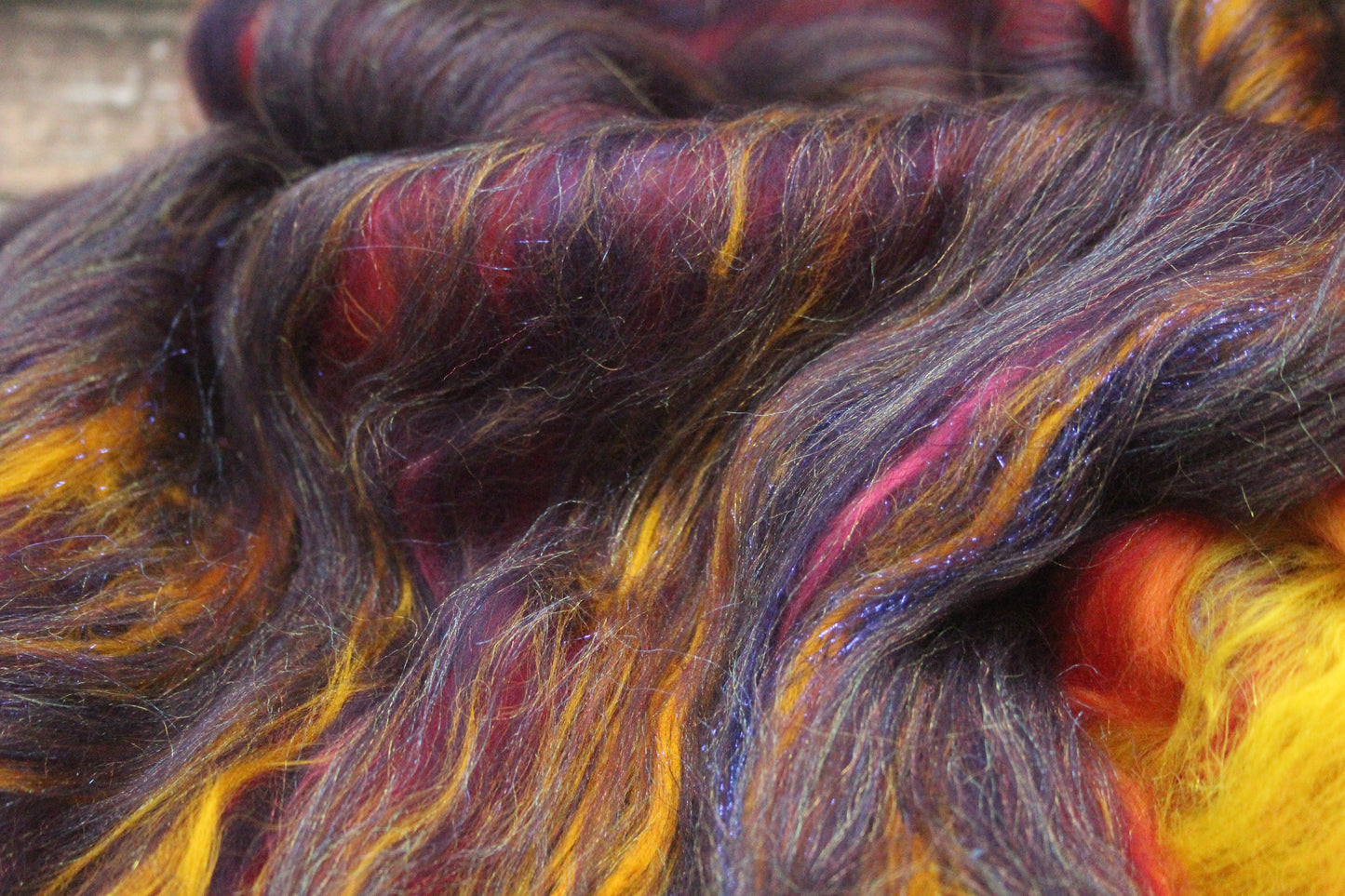 Merino Art Batt  - Purple Red Orange Yellow  -  76 grams 2.6 oz - 5 grams of locks - Wool for felting, spinning and weaving