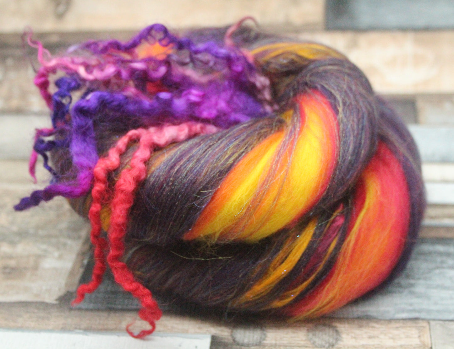 Merino Art Batt  - Purple Red Orange Yellow  -  76 grams 2.6 oz - 5 grams of locks - Wool for felting, spinning and weaving