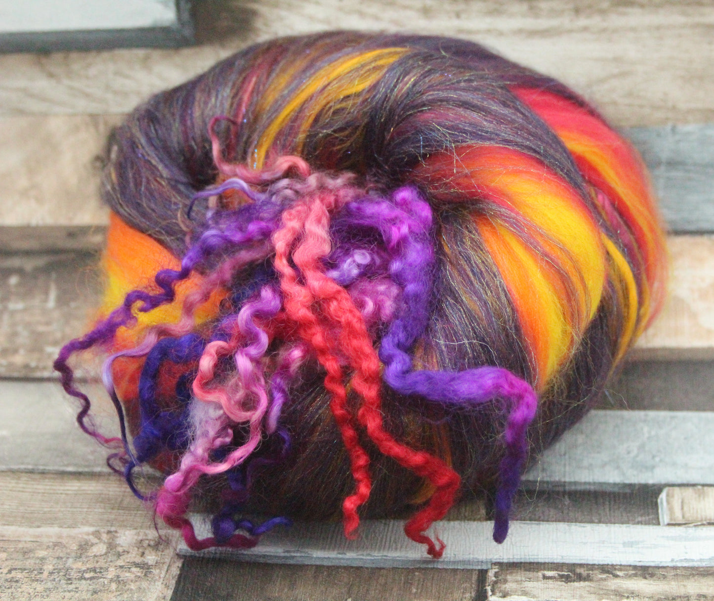 Merino Art Batt  - Purple Red Orange Yellow  -  76 grams 2.6 oz - 5 grams of locks - Wool for felting, spinning and weaving