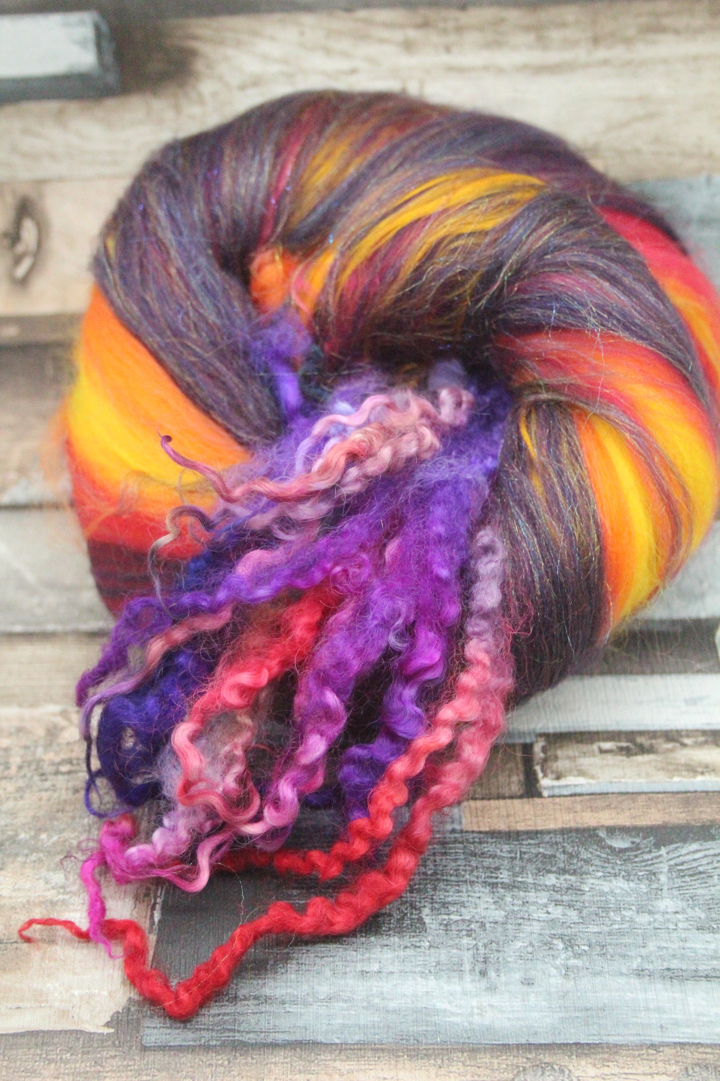 Merino Art Batt  - Purple Red Orange Yellow  -  76 grams 2.6 oz - 5 grams of locks - Wool for felting, spinning and weaving
