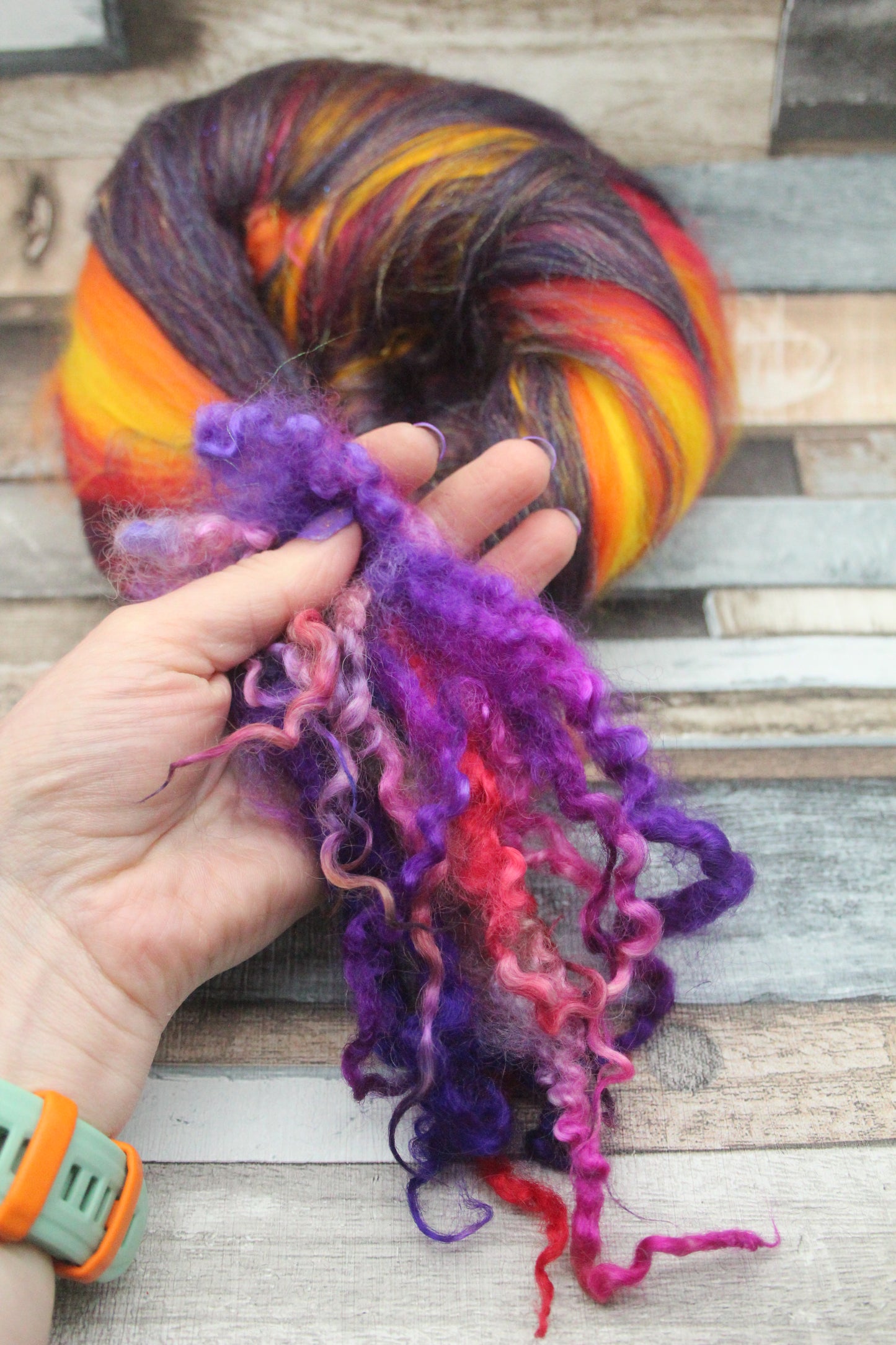 Merino Art Batt  - Purple Red Orange Yellow  -  76 grams 2.6 oz - 5 grams of locks - Wool for felting, spinning and weaving