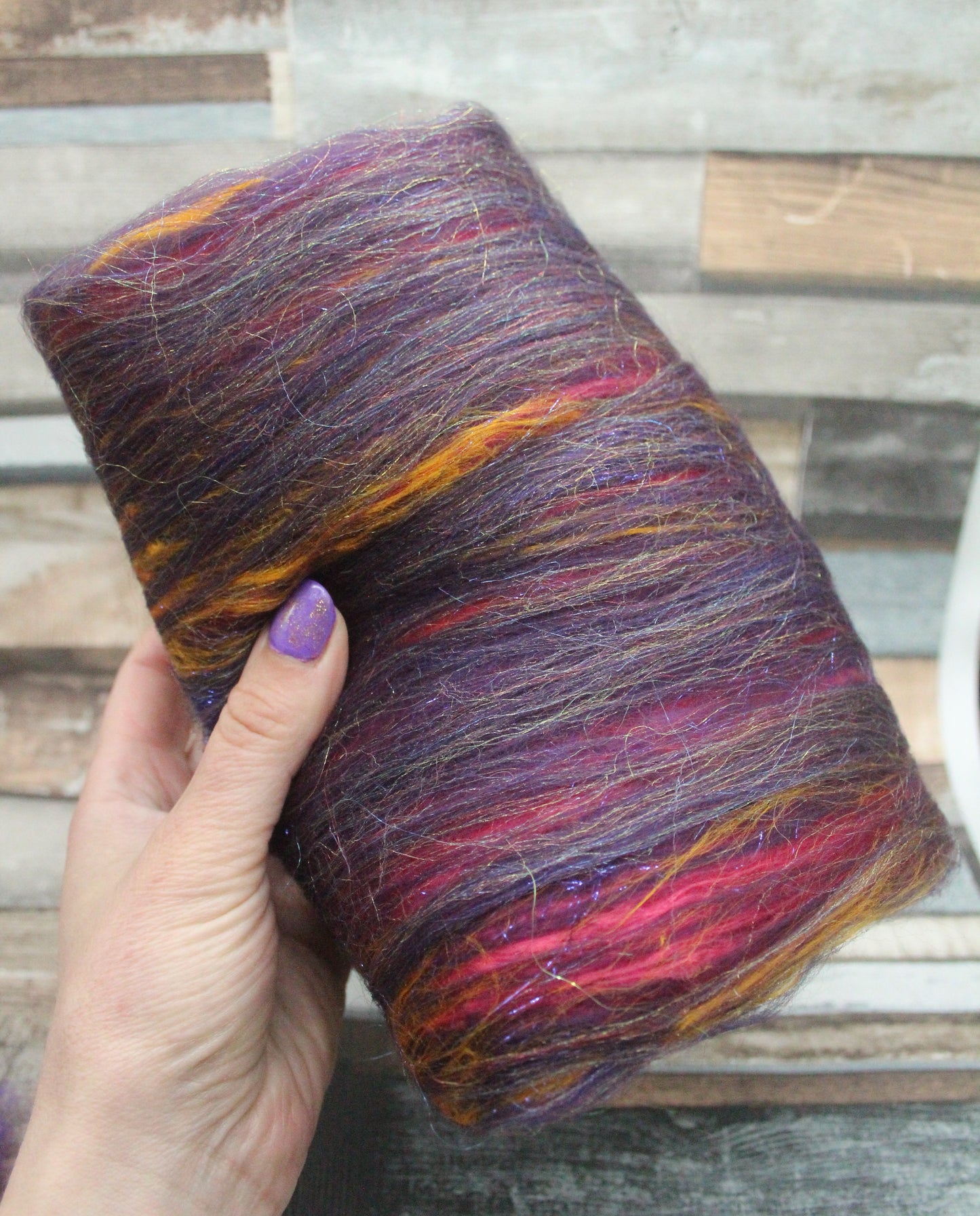 Merino Art Batt  - Purple Red Orange Yellow  -  76 grams 2.6 oz - 5 grams of locks - Wool for felting, spinning and weaving