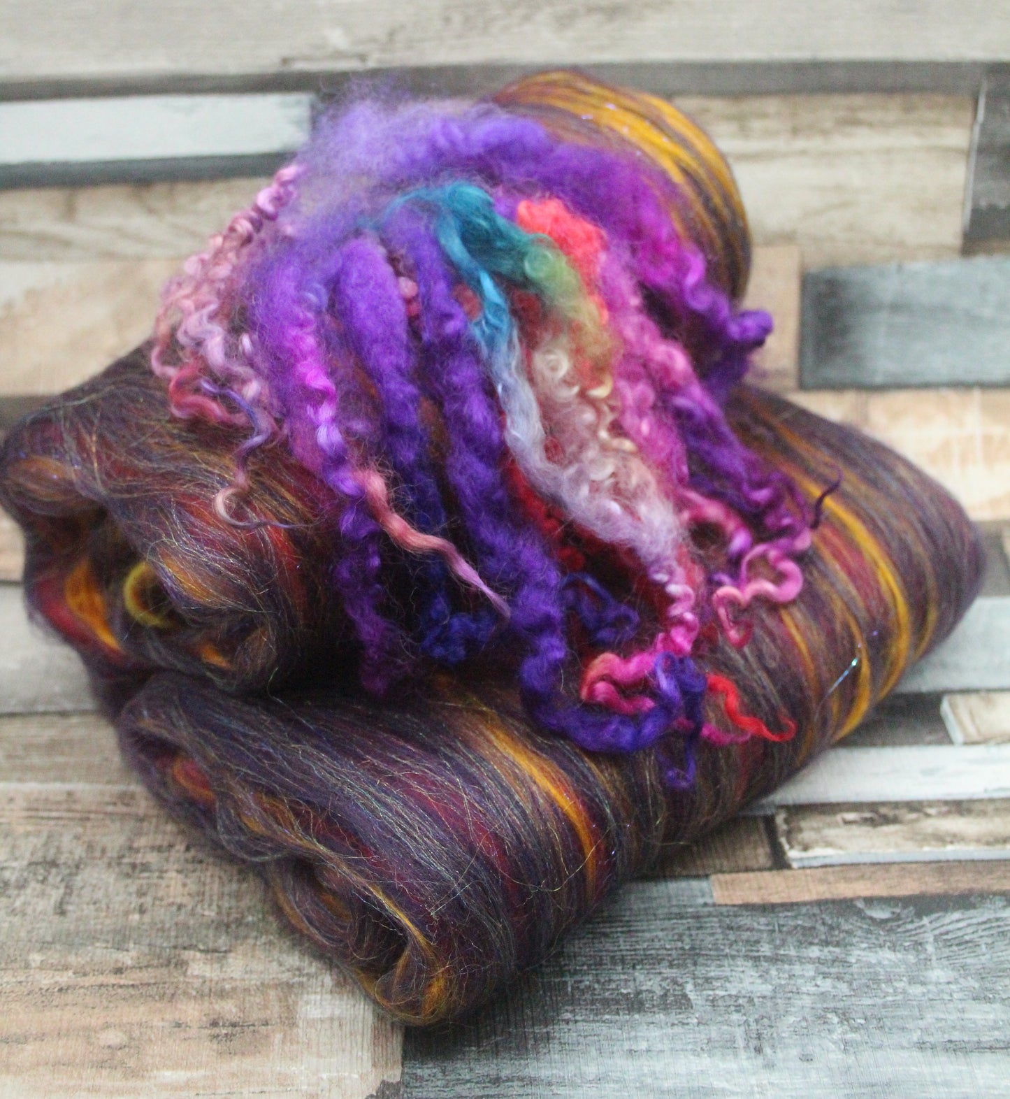 Merino Art Batt  - Purple Red Orange Yellow  -  76 grams 2.6 oz - 5 grams of locks - Wool for felting, spinning and weaving