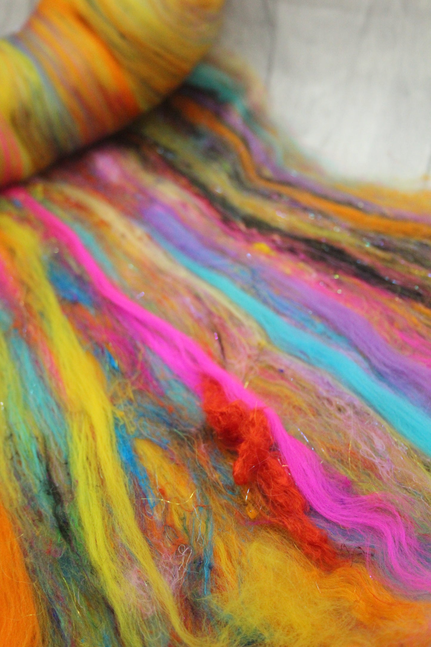 Merino Art Batt  - Blue Purple Orange Pink -  51 grams 1.7 oz - Wool for felting, spinning and weaving