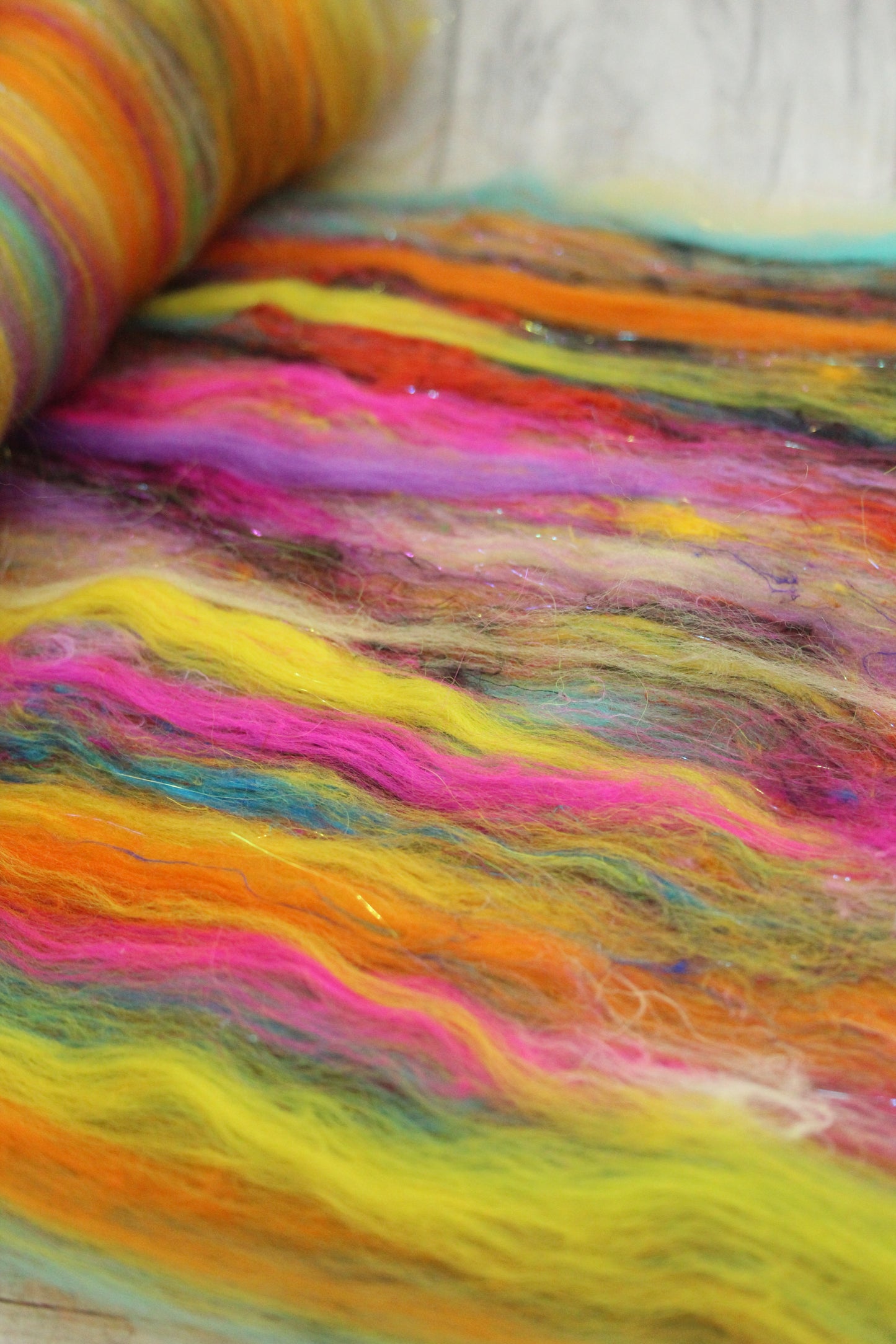 Merino Art Batt  - Blue Purple Orange Pink -  51 grams 1.7 oz - Wool for felting, spinning and weaving