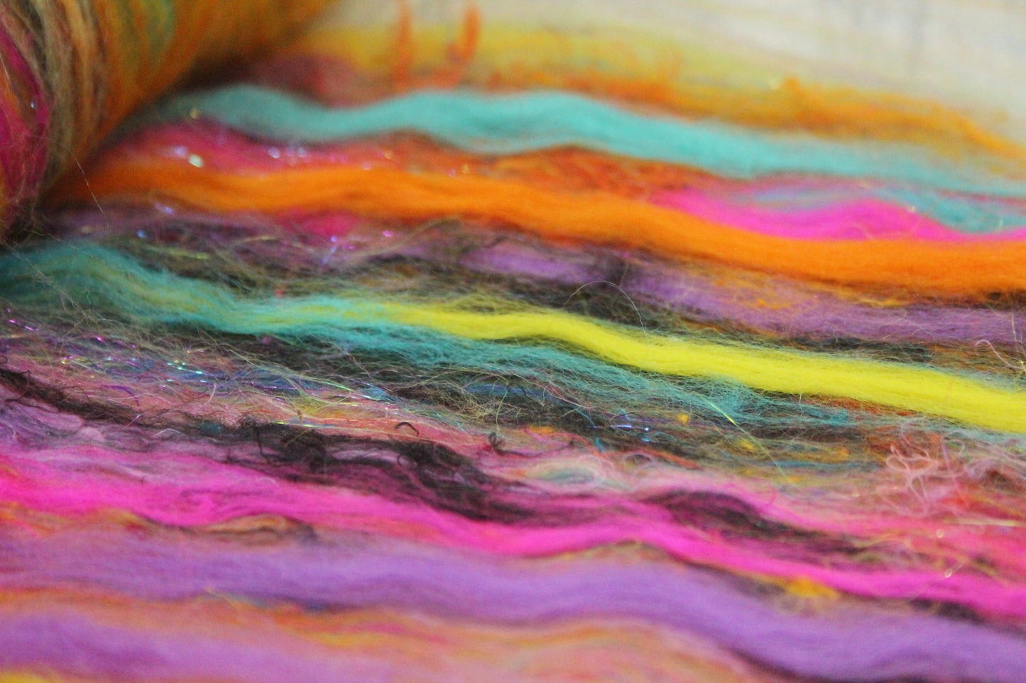 Merino Art Batt  - Blue Purple Orange Pink -  51 grams 1.7 oz - Wool for felting, spinning and weaving