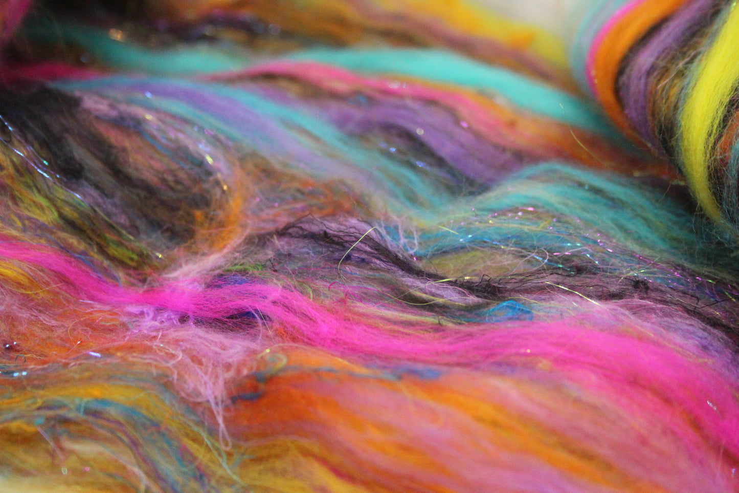 Merino Art Batt  - Blue Purple Orange Pink -  51 grams 1.7 oz - Wool for felting, spinning and weaving