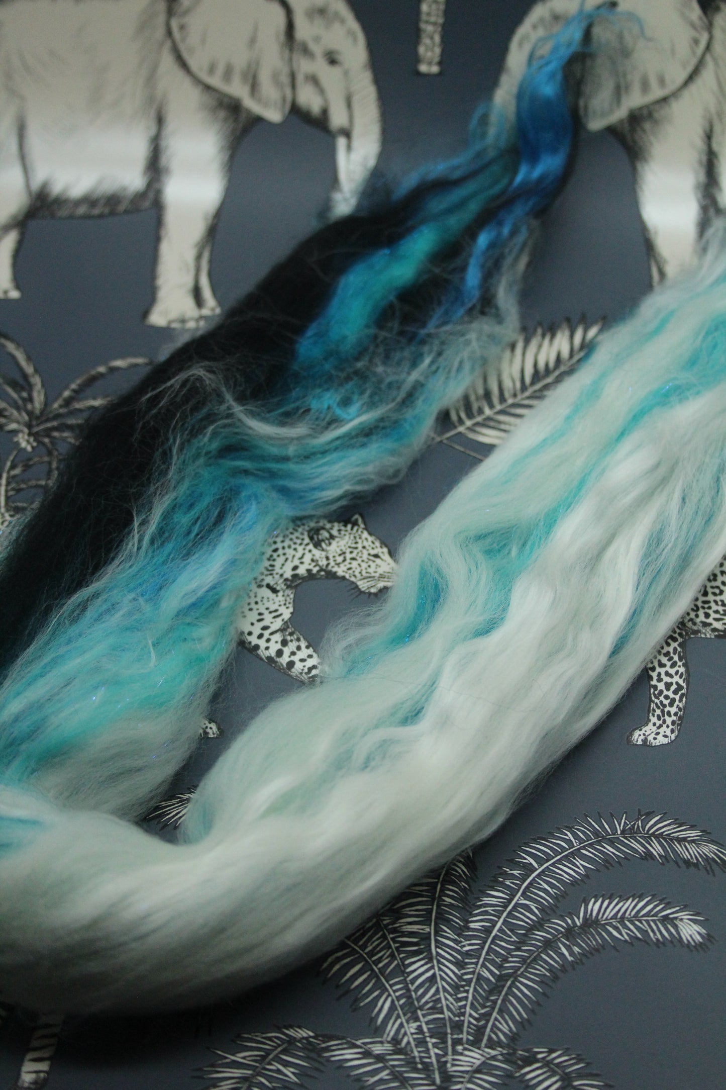 Merino Wool Blend - Black Turquoise White - 17 grams / 0.5 oz  - Fibre for felting, weaving or spinning