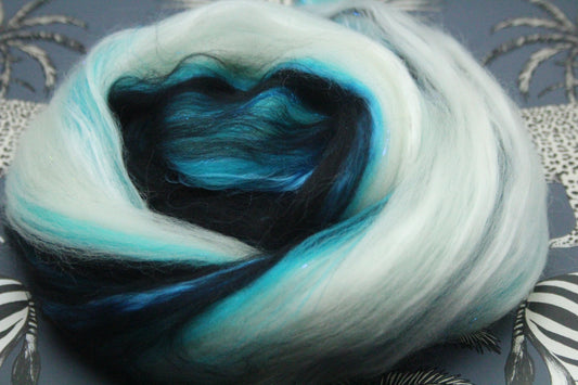 Merino Wool Blend - Black Turquoise White - 24 grams / 0.8 oz  - Fibre for felting, weaving or spinning