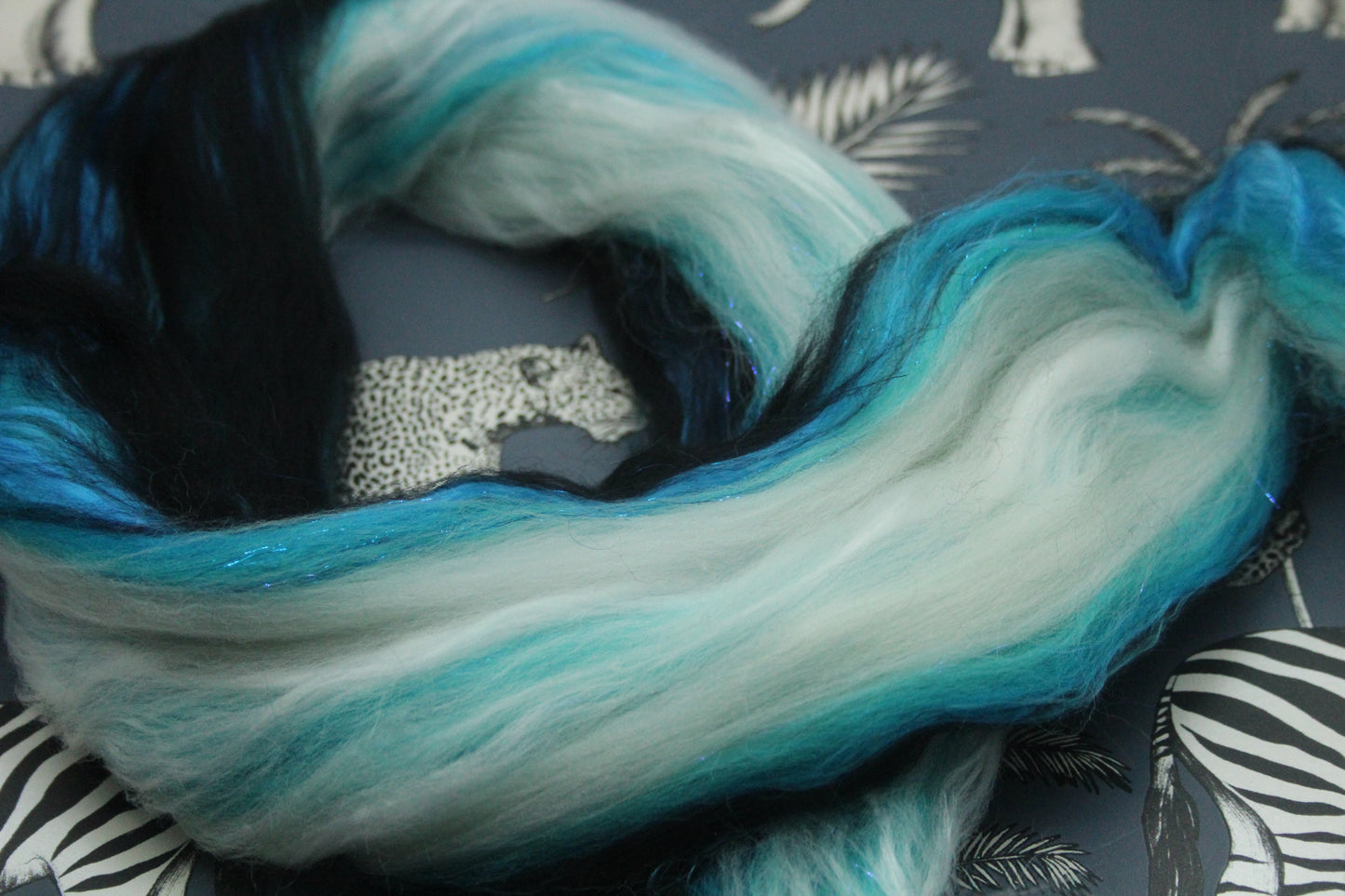 Merino Wool Blend - Black Turquoise White - 24 grams / 0.8 oz  - Fibre for felting, weaving or spinning