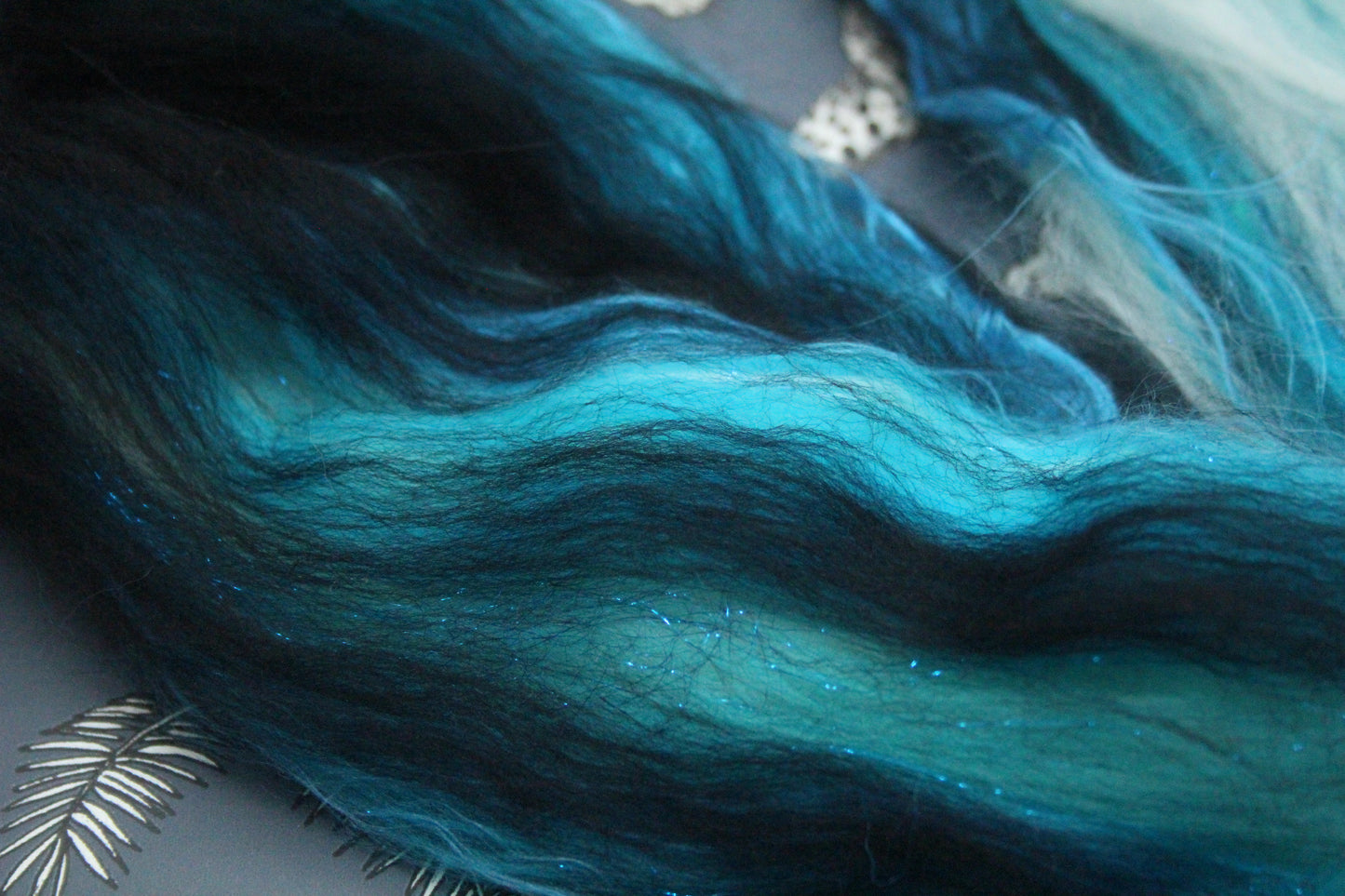 Merino Wool Blend - Black Turquoise White - 24 grams / 0.8 oz  - Fibre for felting, weaving or spinning