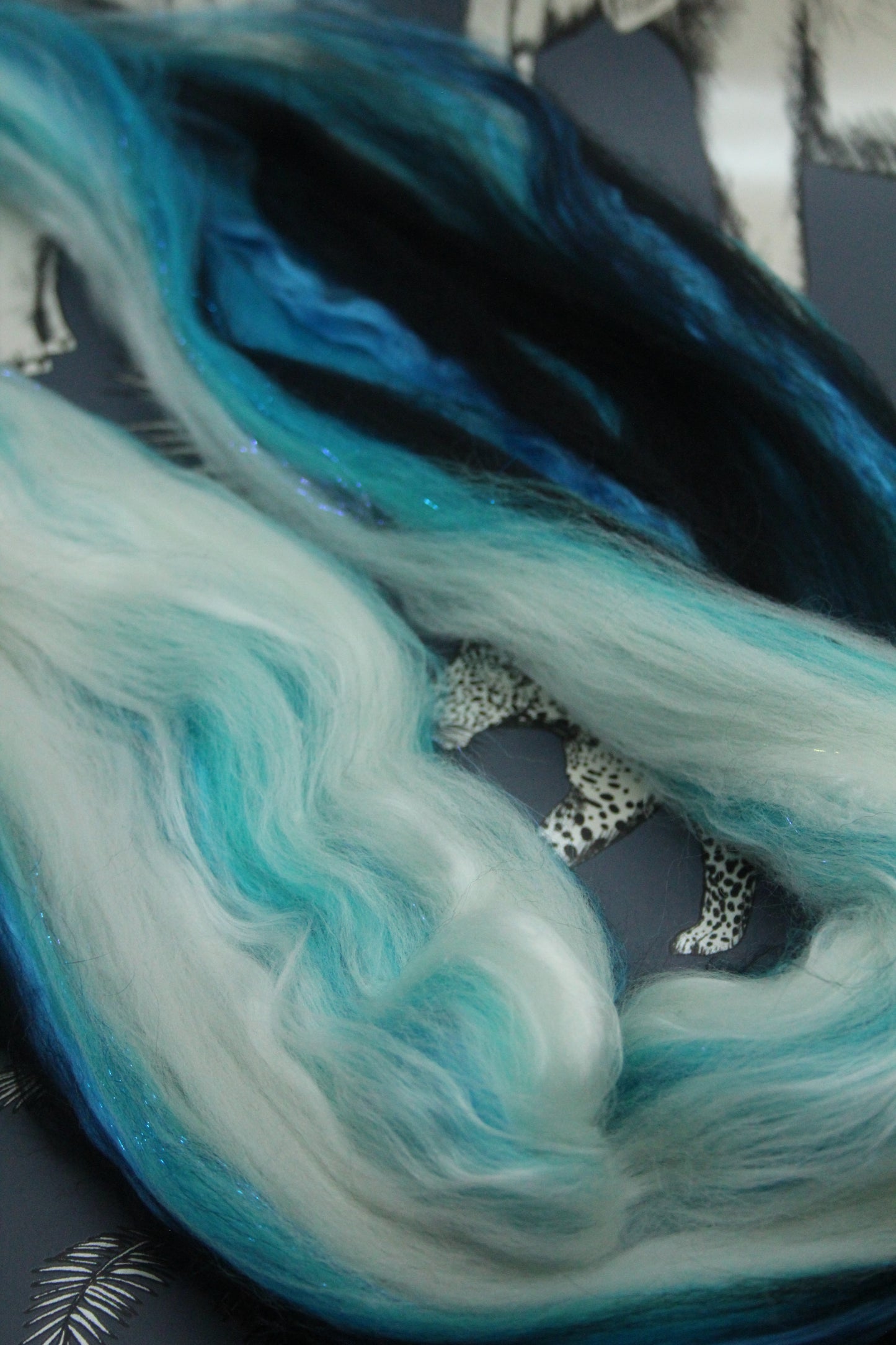 Merino Wool Blend - Black Turquoise White - 24 grams / 0.8 oz  - Fibre for felting, weaving or spinning