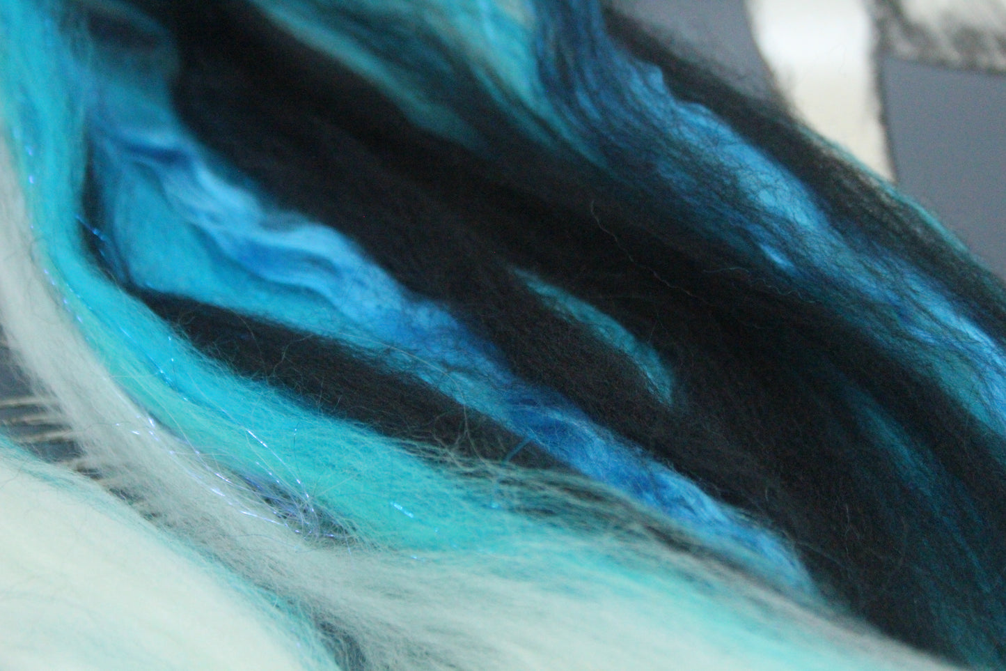 Merino Wool Blend - Black Turquoise White - 24 grams / 0.8 oz  - Fibre for felting, weaving or spinning