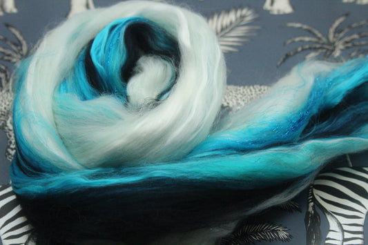 Merino Wool Blend - Black Turquoise White - 40 grams / 1.4 oz  - Fibre for felting, weaving or spinning