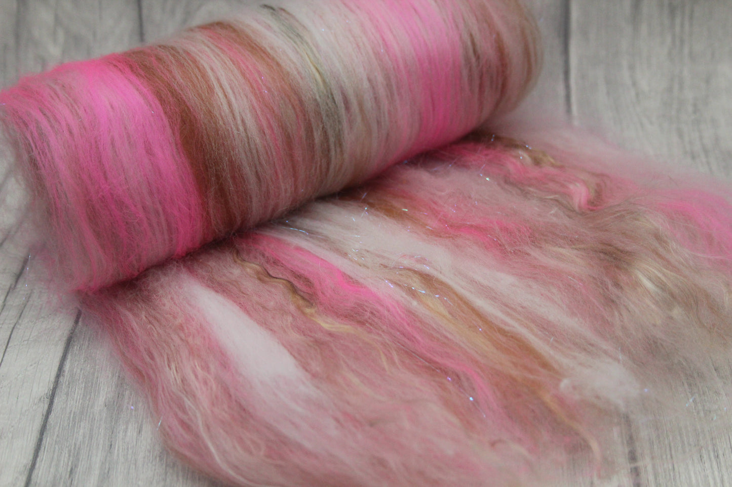 Merino Art Batt  - Brown White Pink - 42 grams 1.4 oz - Wool for felting, spinning and weaving