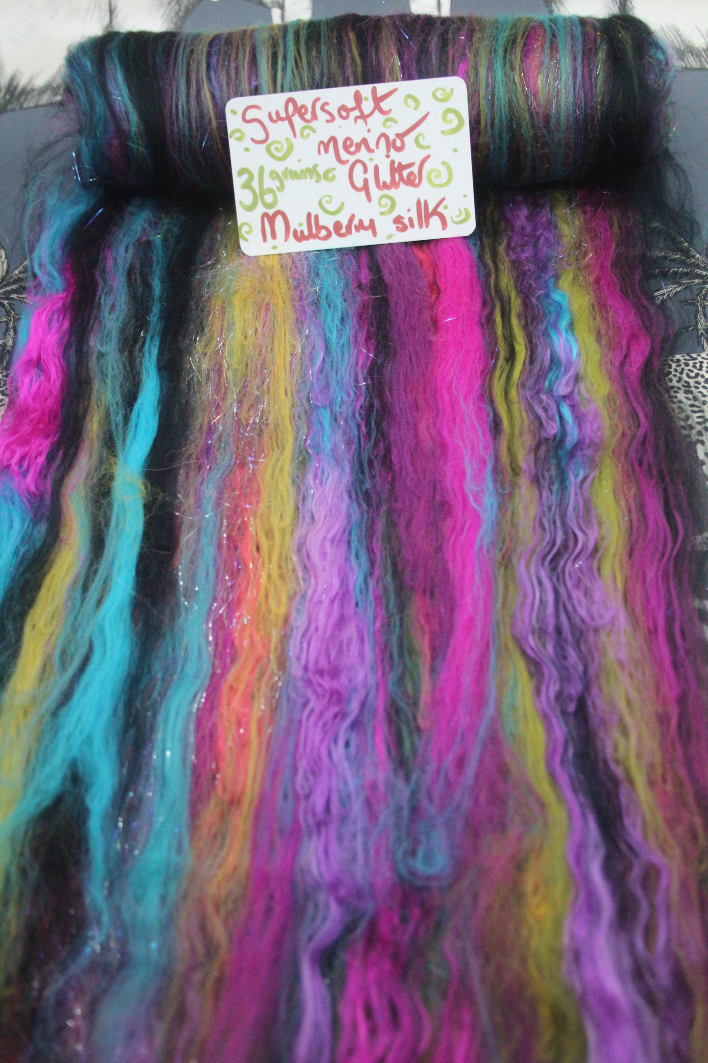 Supersoft Merino Art Batt  - Black Pink Purple Blue - 36 grams 1.2 oz - Wool for felting, spinning and weaving