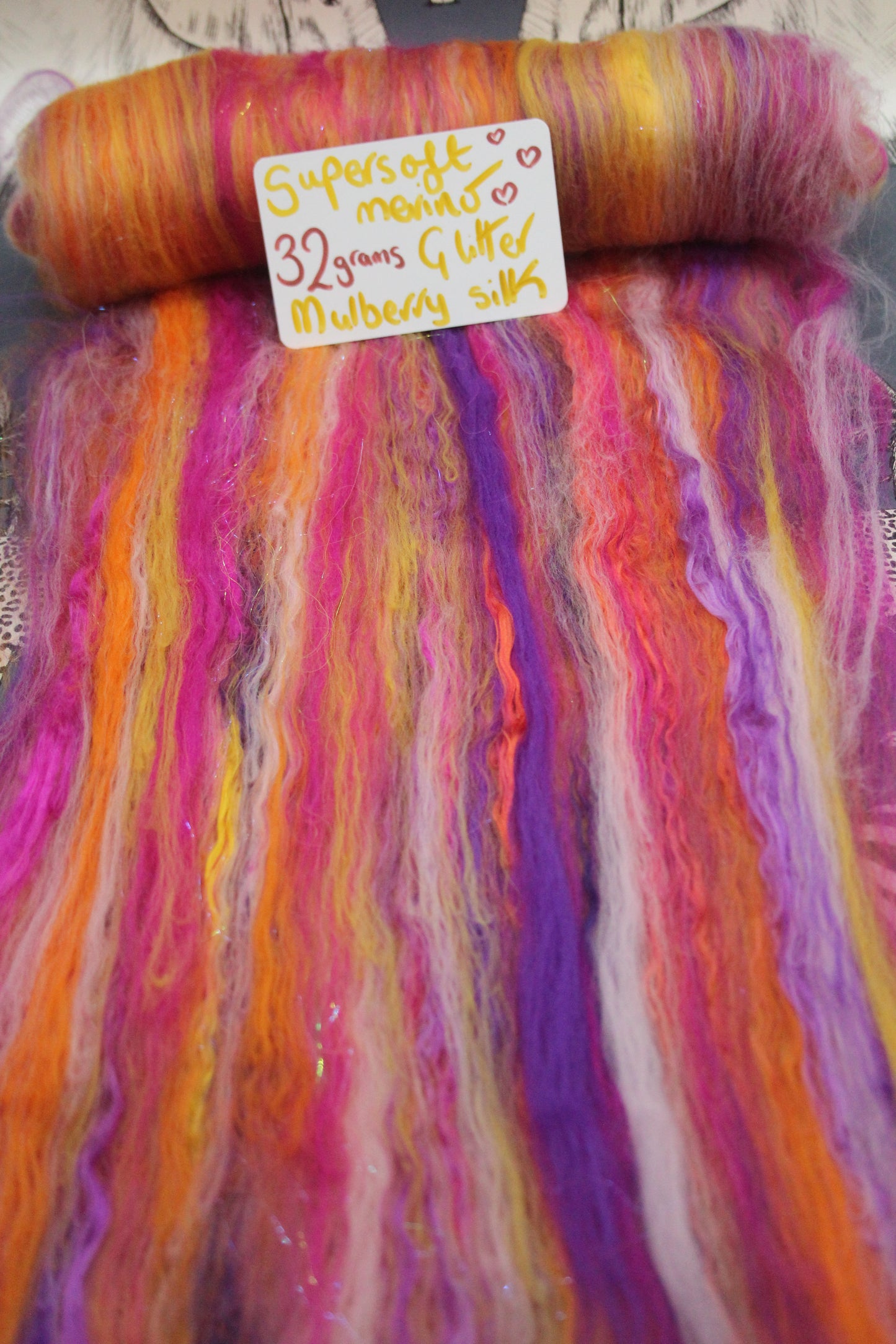 Supersoft Merino Art Batt - Orange Purple Pink - 32 grams 1.1 oz - Wool for felting, spinning and weaving