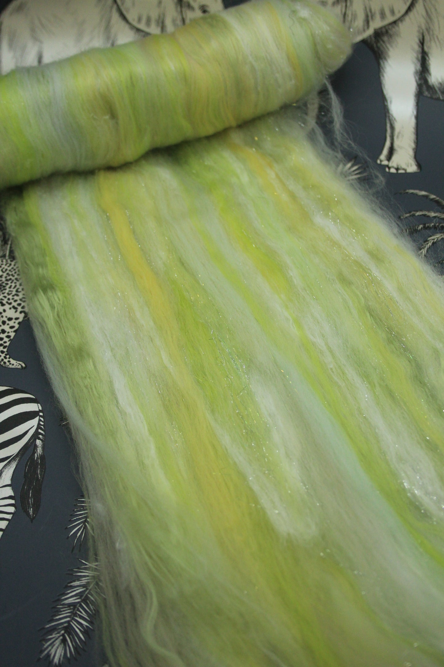 Merino Art Batt  - Green White Yellow  - 52 grams 1.8 oz - Wool for felting, spinning and weaving