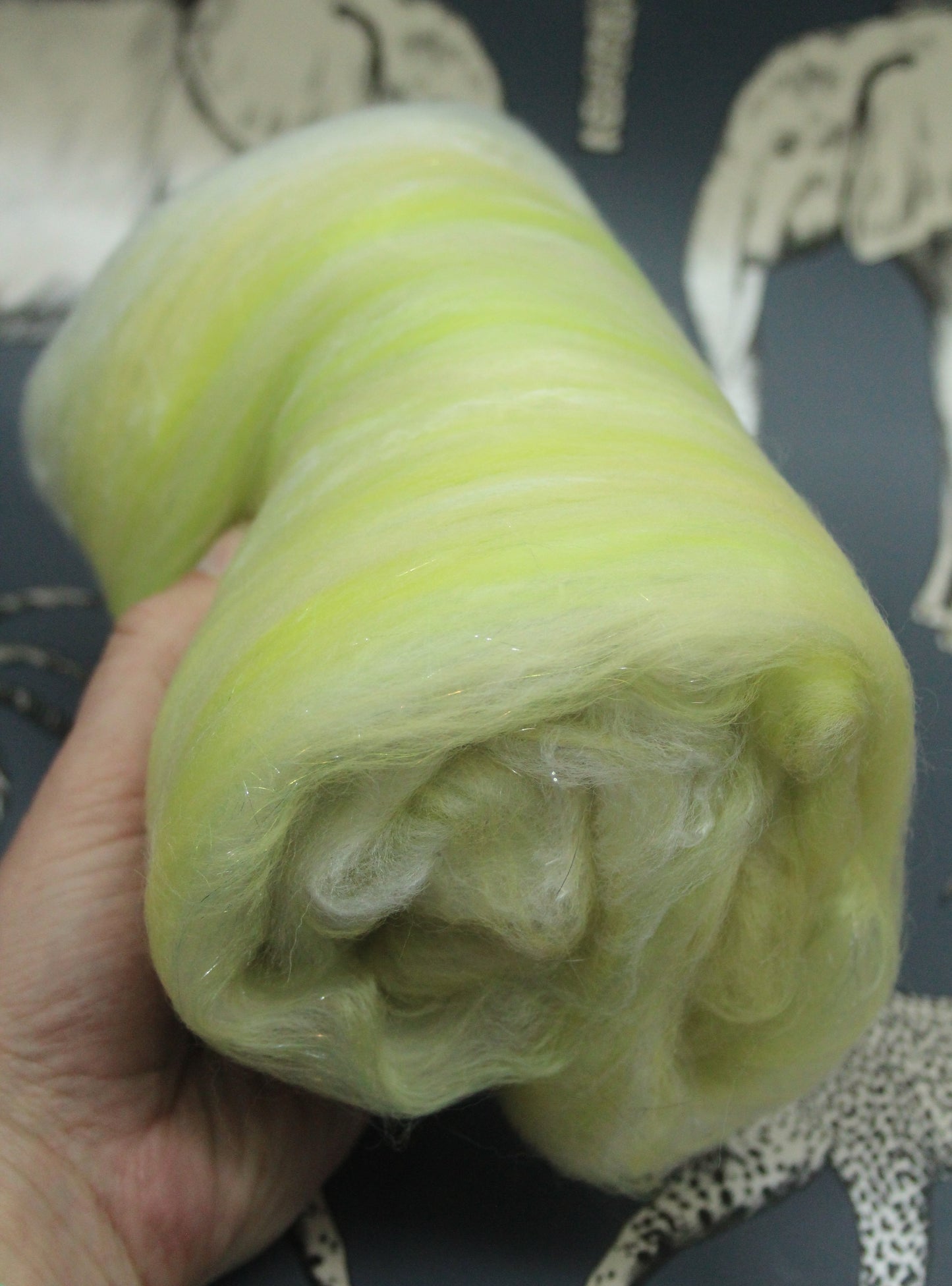 Merino Art Batt  - Green White Yellow  - 52 grams 1.8 oz - Wool for felting, spinning and weaving