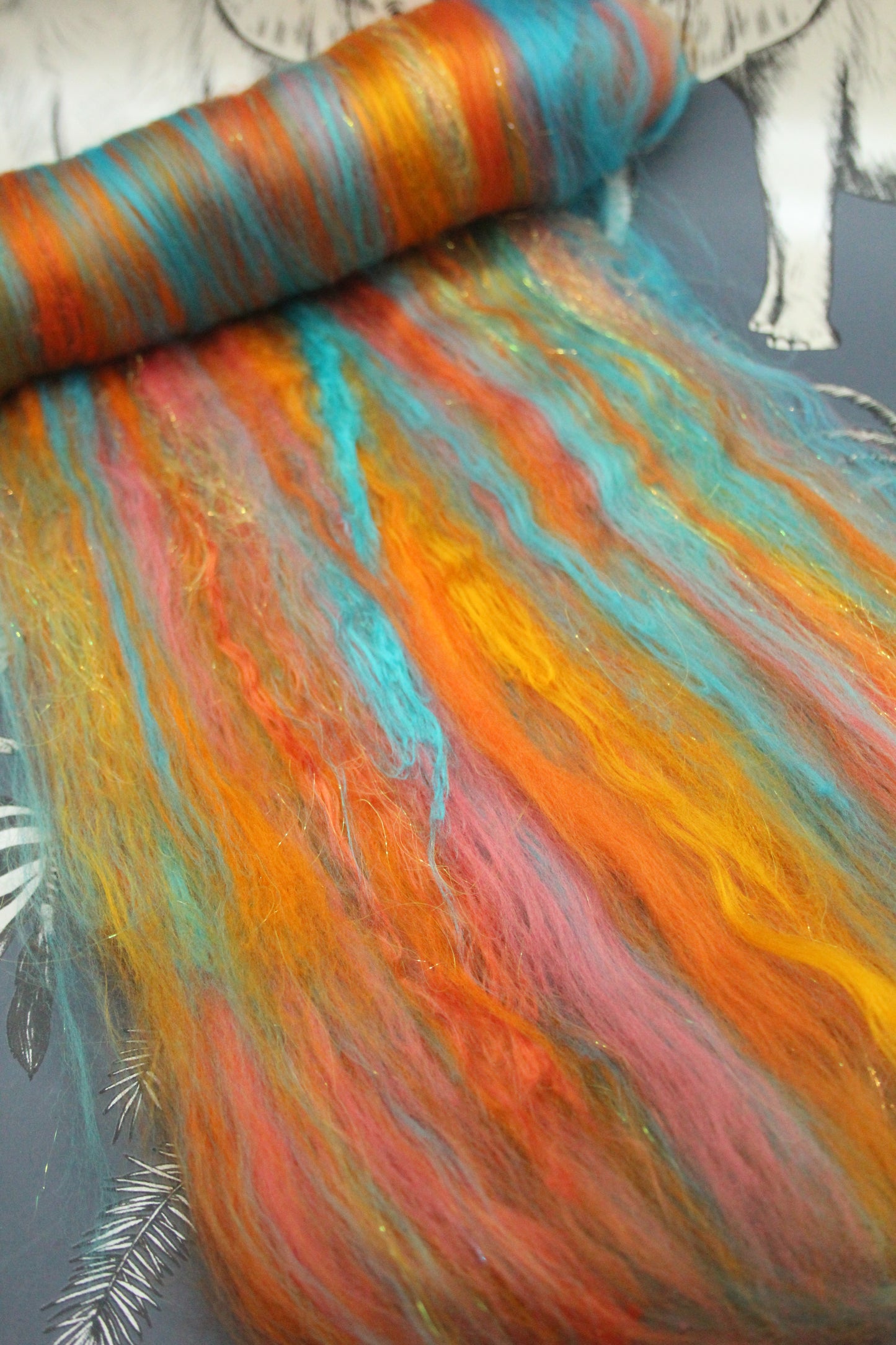 Merino Art Batt  - Orange Turquoise  - 53 grams 1.8 oz - Wool for felting, spinning and weaving (Copy)
