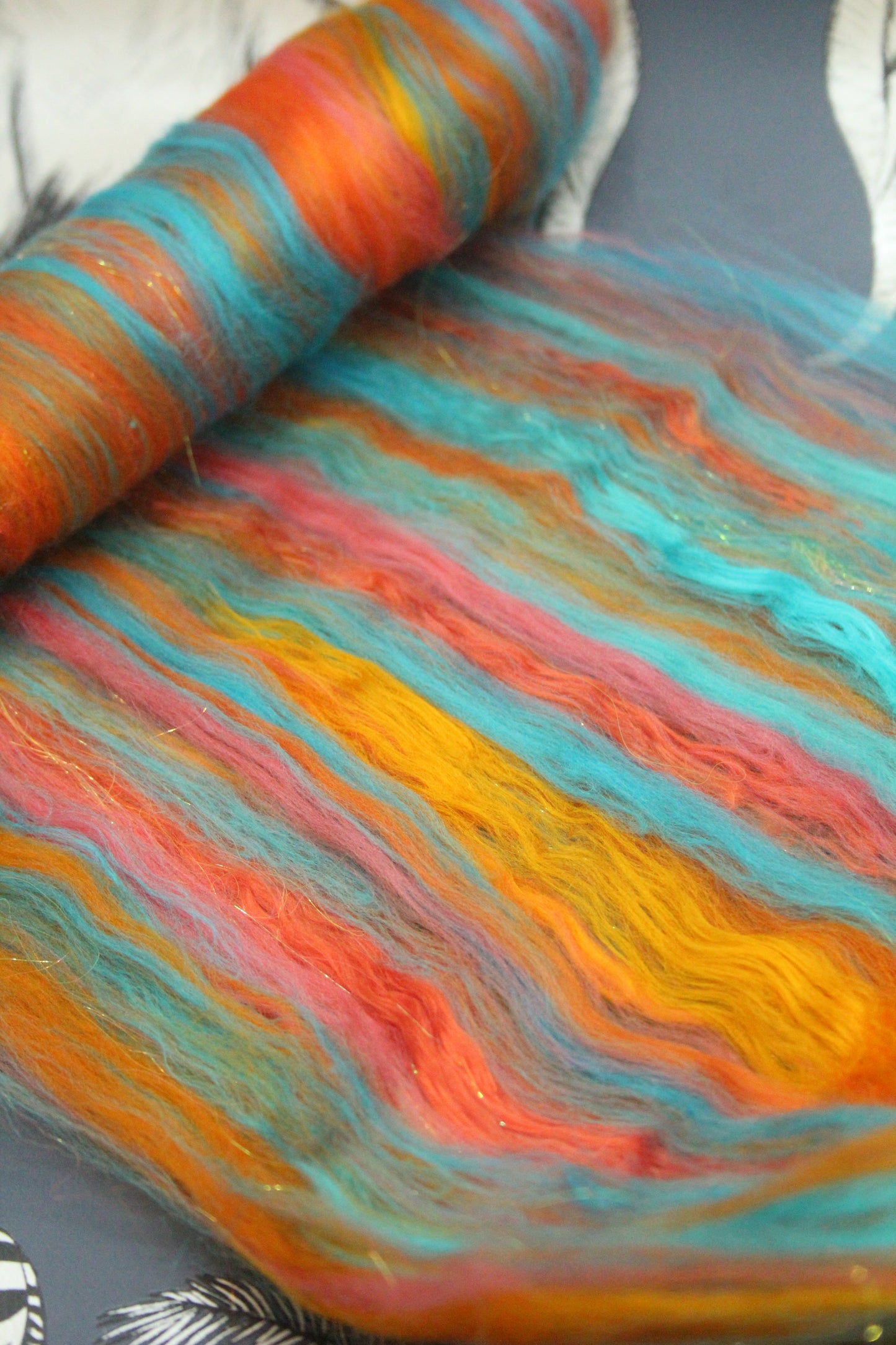 Merino Art Batt  - Orange Turquoise  - 53 grams 1.8 oz - Wool for felting, spinning and weaving (Copy)