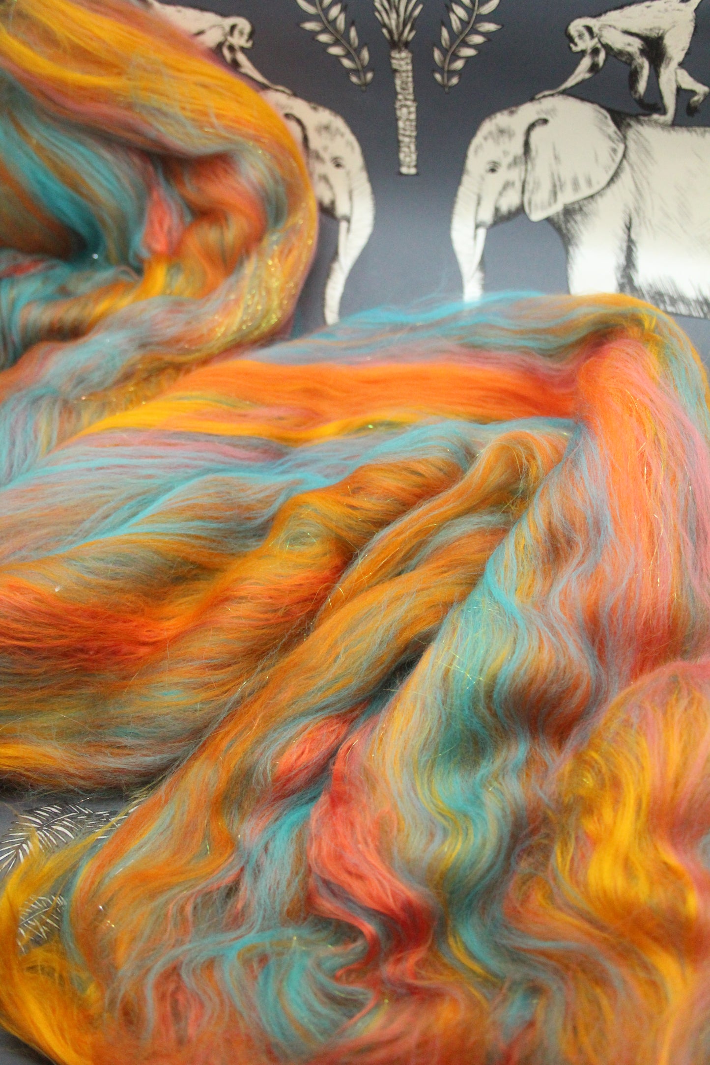 Merino Art Batt  - Orange Turquoise  - 53 grams 1.8 oz - Wool for felting, spinning and weaving (Copy)