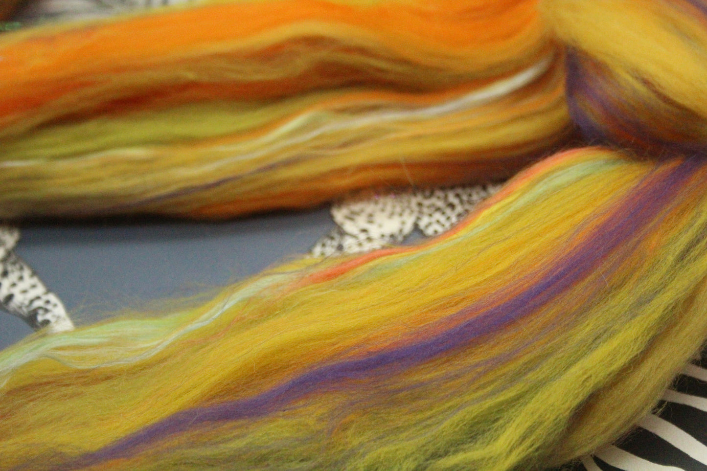 Super Soft 18.5 Micron Merino Wool Blend  - Yellow Orange Green Purple - 9 grams / 0.3 oz  - Fibre for felting, weaving or spinning