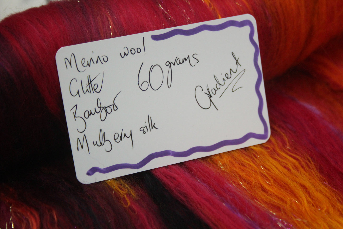 Merino Art Batt  - Orange Red Damson - Gradient - 60 grams 2.1 oz - Wool for felting, spinning and weaving