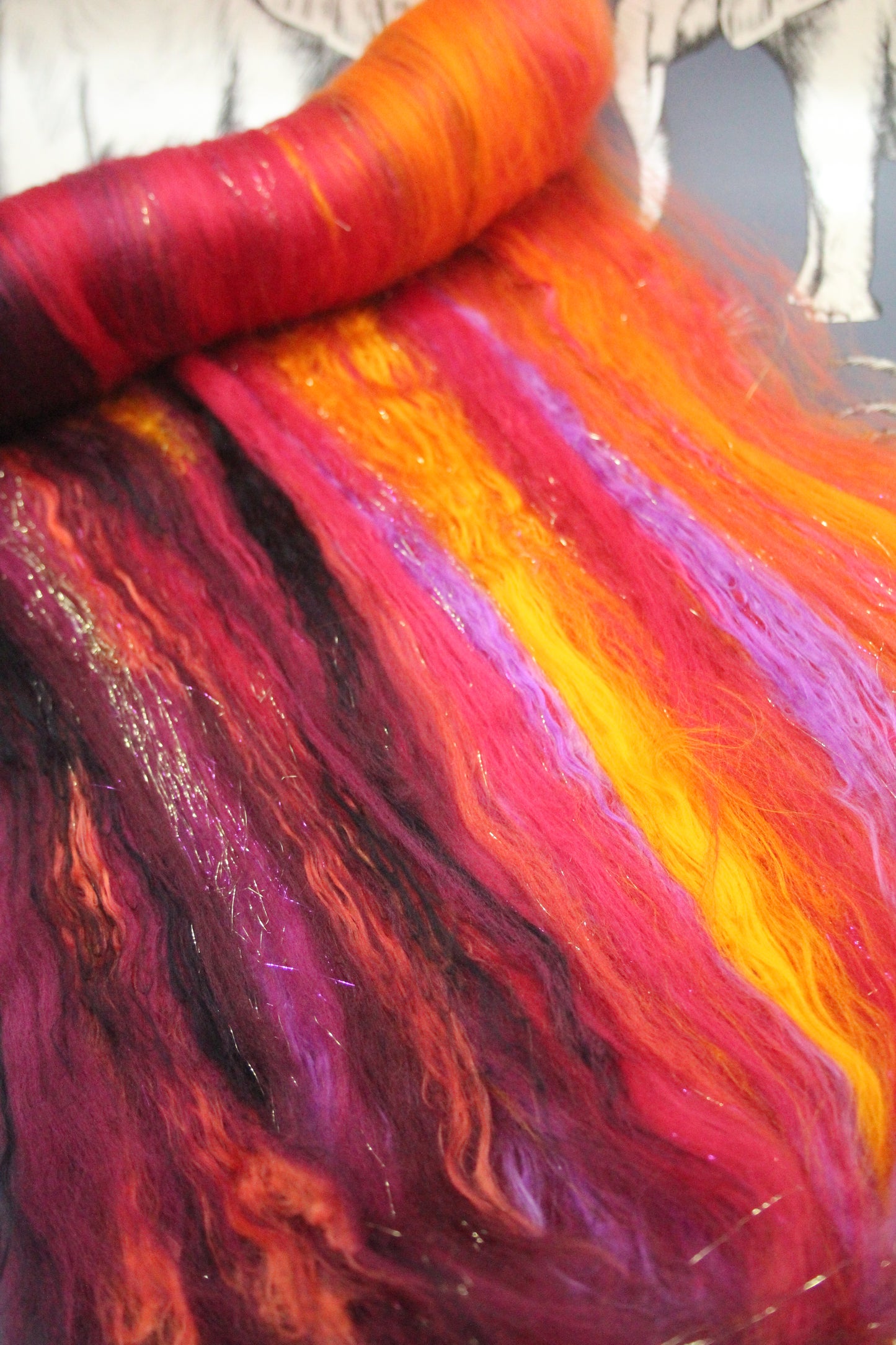 Merino Art Batt  - Orange Red Damson - Gradient - 60 grams 2.1 oz - Wool for felting, spinning and weaving