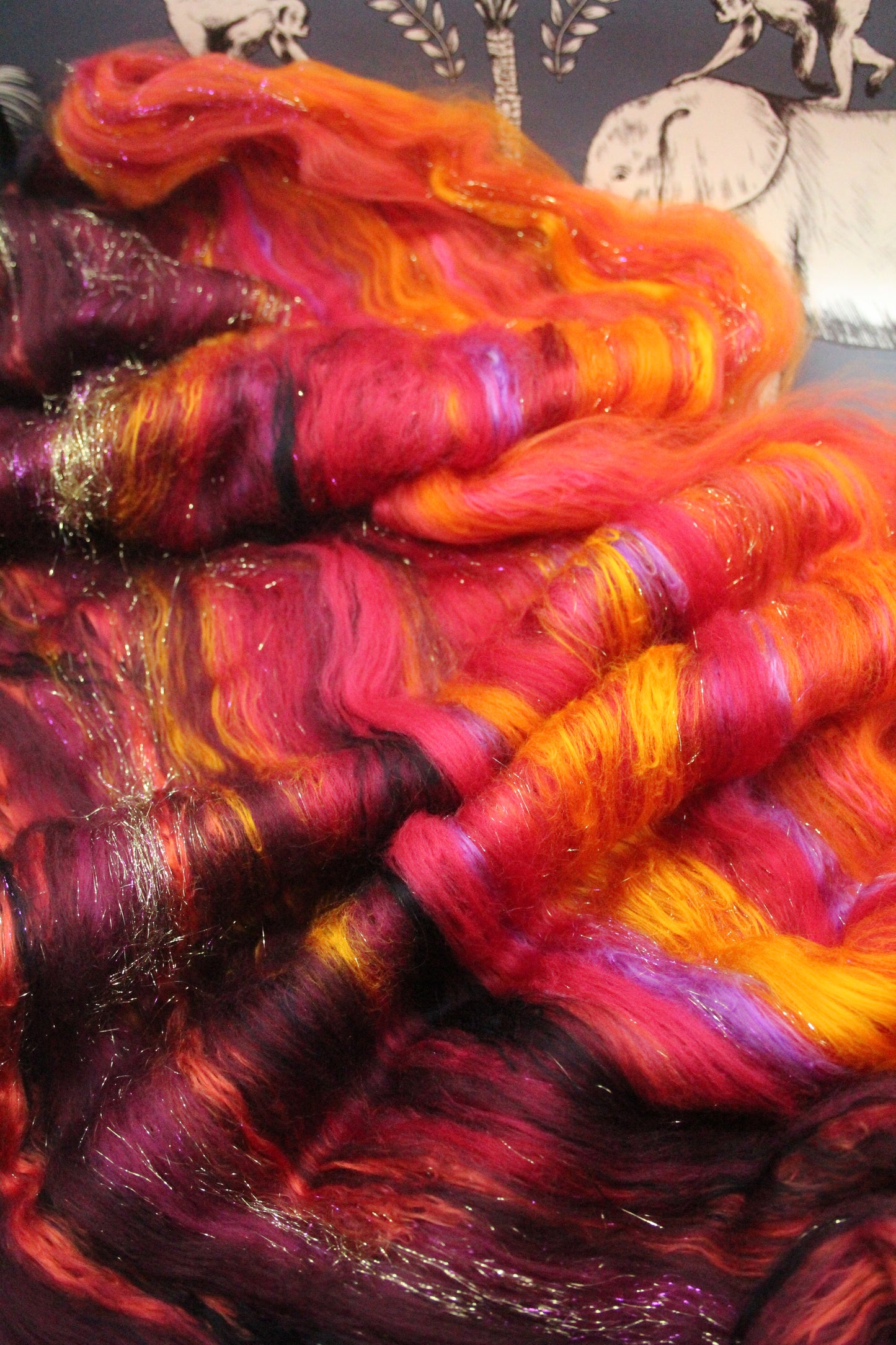 Merino Art Batt  - Orange Red Damson - Gradient - 60 grams 2.1 oz - Wool for felting, spinning and weaving