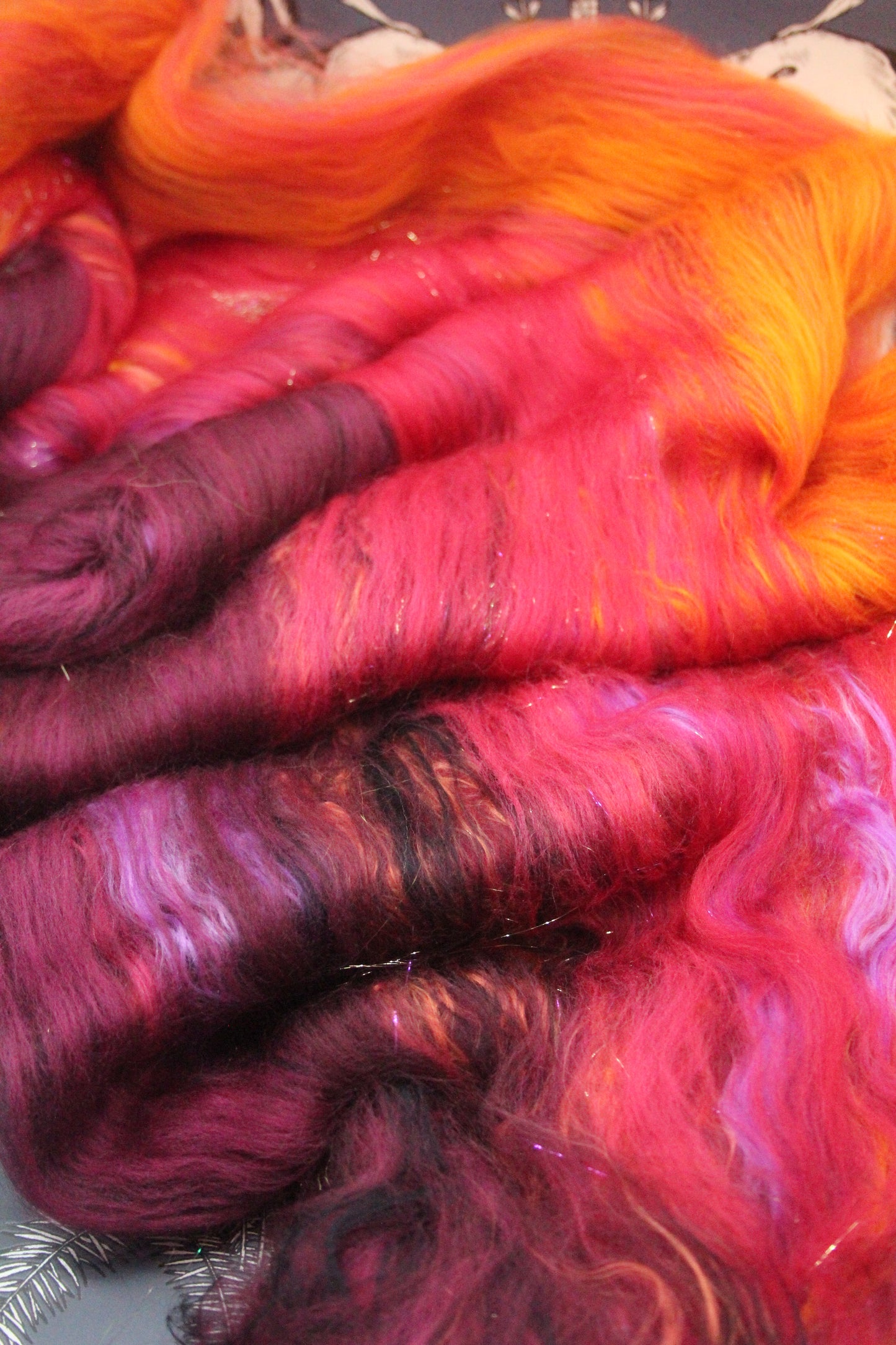 Merino Art Batt  - Orange Red Damson - Gradient - 60 grams 2.1 oz - Wool for felting, spinning and weaving