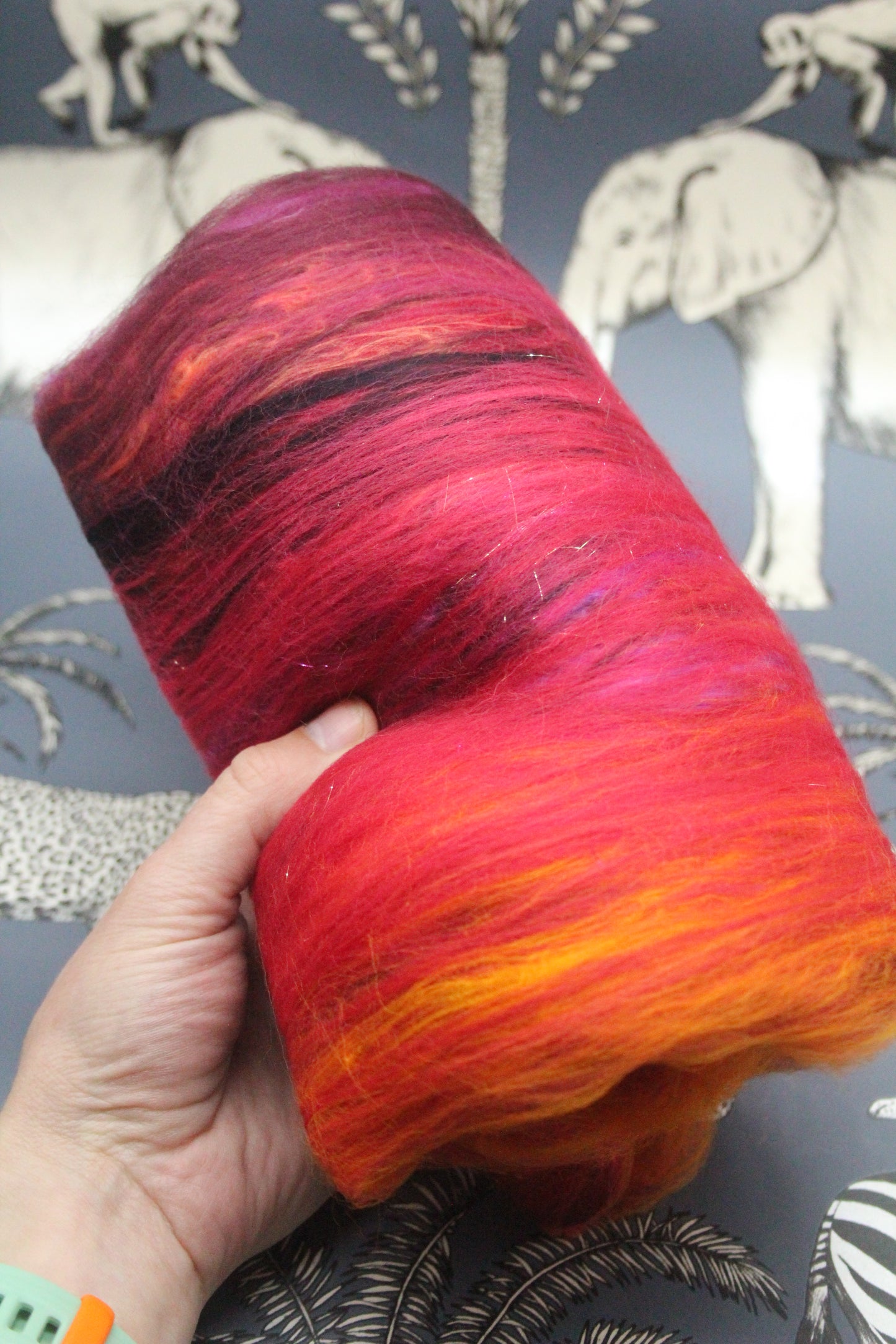 Merino Art Batt  - Orange Red Damson - Gradient - 60 grams 2.1 oz - Wool for felting, spinning and weaving