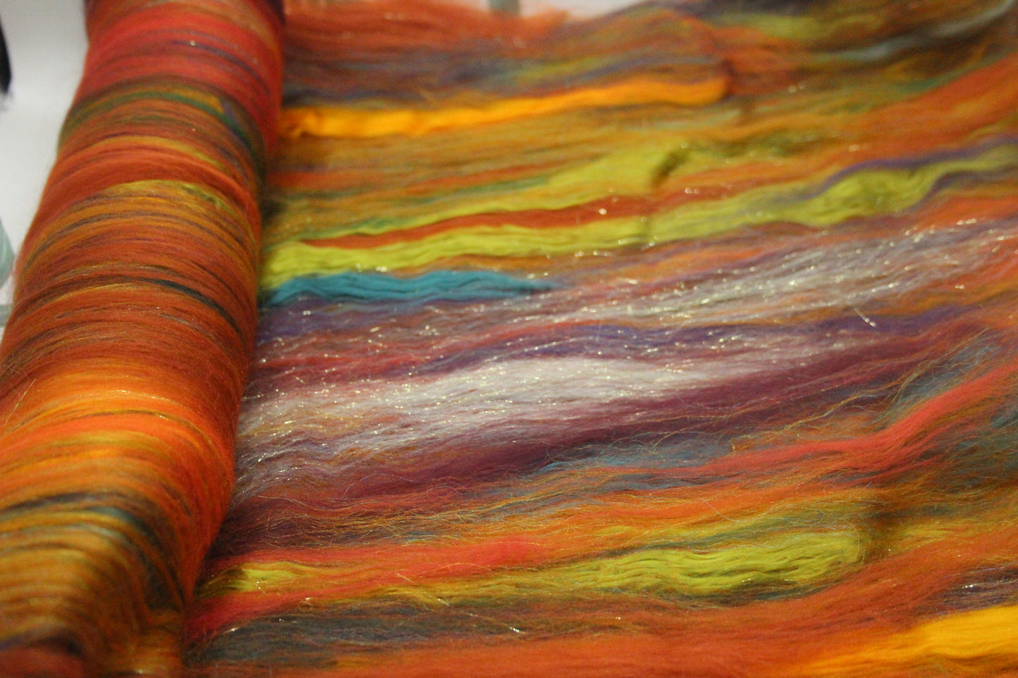 Merino Art Batt  - Orange Green - 119 grams 4.1 oz - Wool for felting, spinning and weaving